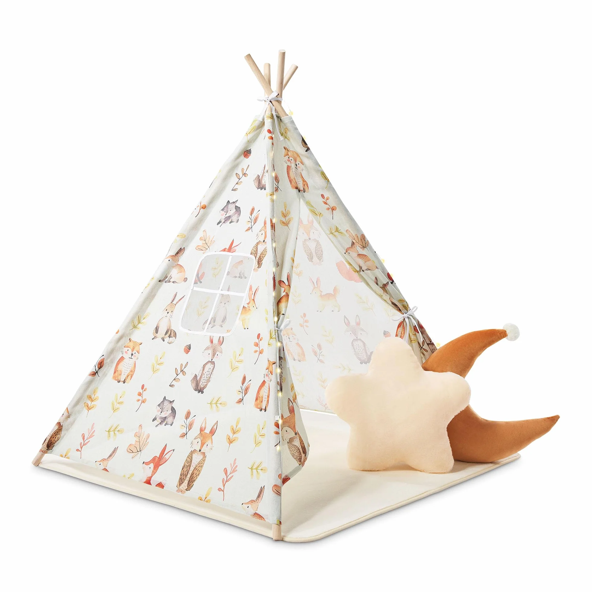 Mamabrum Tenda per bambini interna beige foresta con tappeto imbottito, cuscini decorativi e ghirlanda LED, capanna da gioco camera da letto da 3 anni
