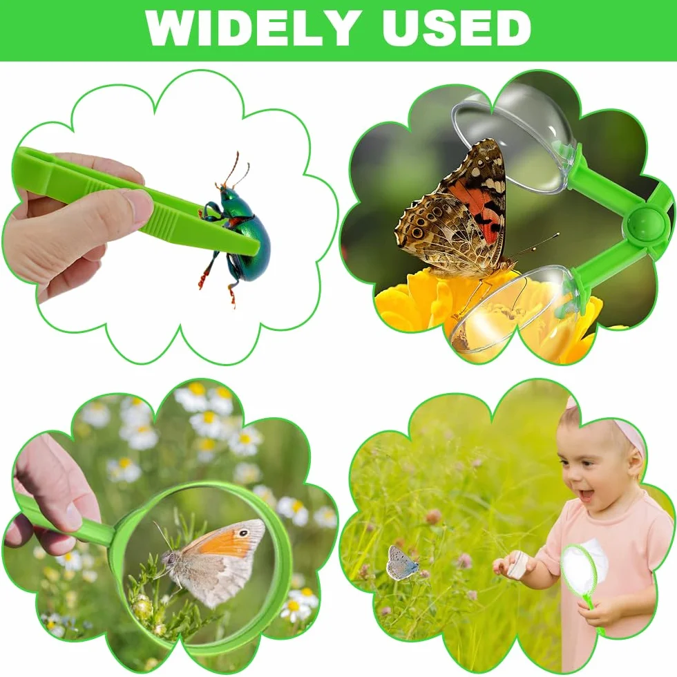 Set di 11 giocattoli per attività all'aperto, con raccoglitore per insetti, lente d'ingrandimento per bicchieri, microscopio, pinzette, sacchetto con coulisse, campeggio, esplorazioni della