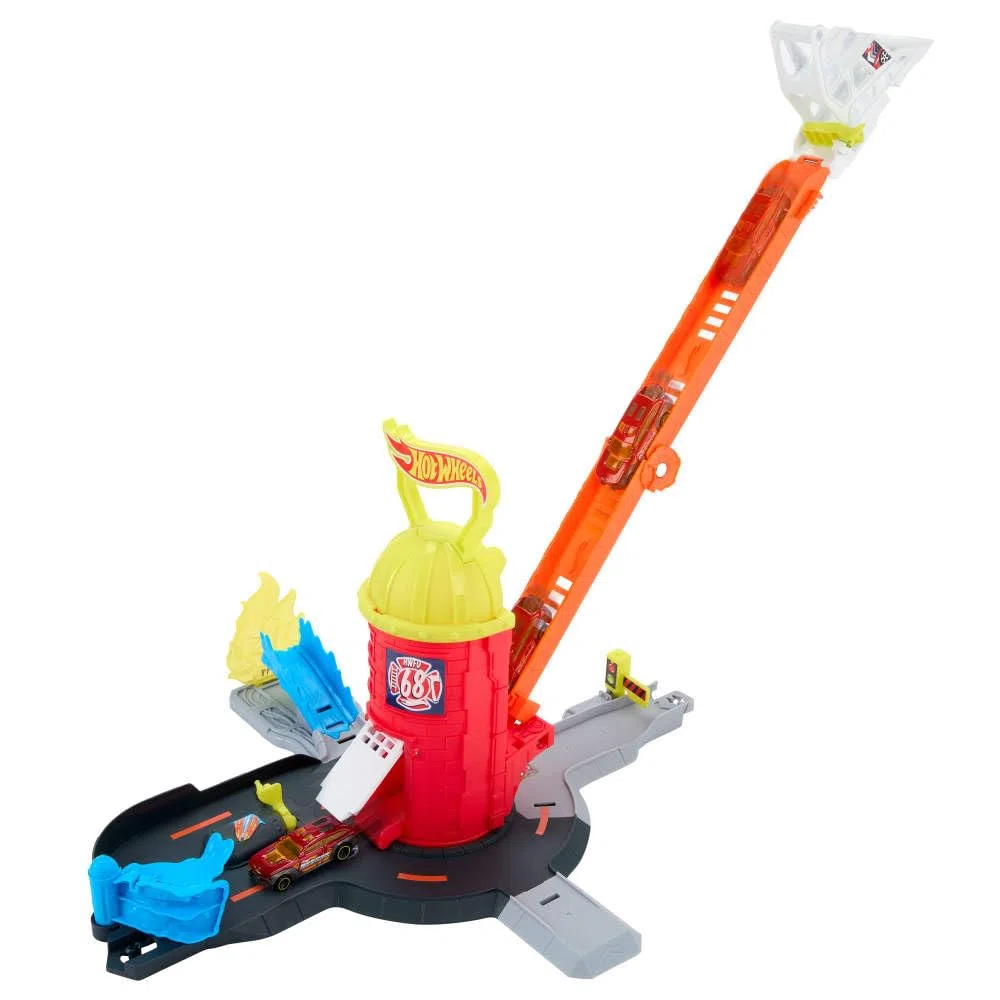 Hot Wheels City - Super Caserma dei Pompieri, set pista con 4 diverse uscite e scala estendibile fino a 40cm, camion dei pompieri in scala 1:64 incluso, 4+ anni, JHL95