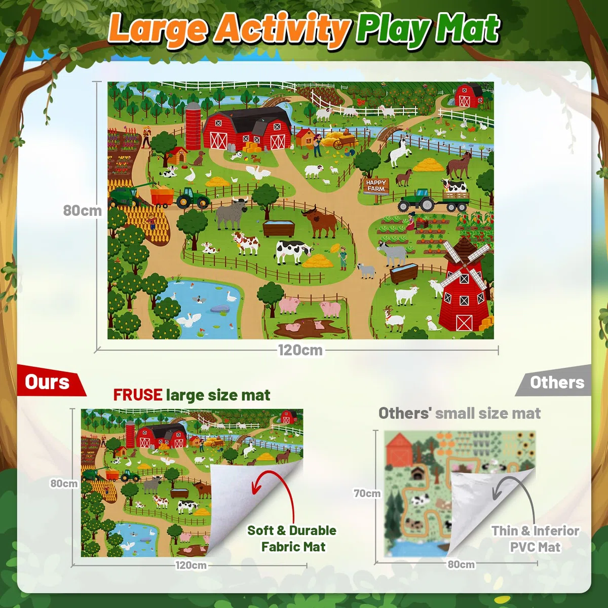 FRUSE Animali Giocattolo per Bambini con 120x80 cm Tappeto, 38 Pezzi Fattoria Animali Bambini con Fattoria Animali Figure,Trattore Giocattolo e Recinti, Giochi Educativo per Bambini 3 4 5 6 anni