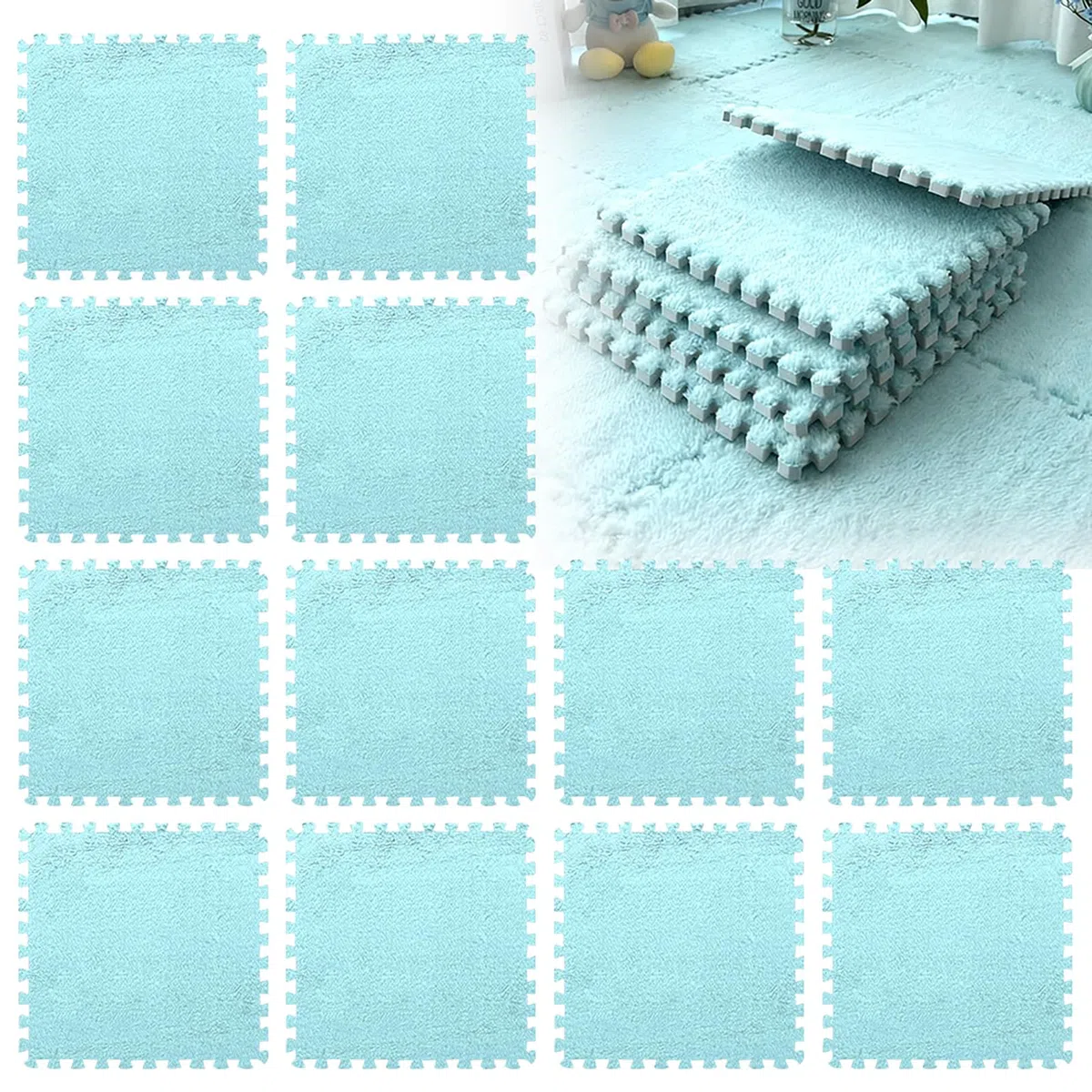 12 Pezzi Tappeto Puzzle in EVA, Tappeti Puzzle in Peluche Interconnessi, 30x30cm Tappeto Gioco Antiscivolo per Camera da Letto, Soggiorno e Cameretta Bambini (Azzurro)