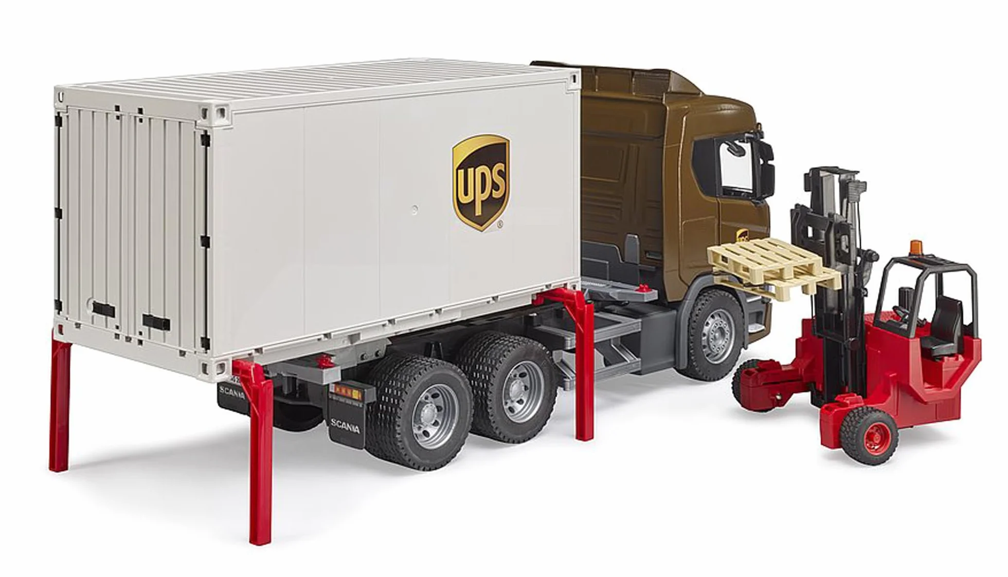 bruder 03582 - Scania Super 560R camion logistica UPS con carrello elevatore, veicoli, consegna pacchi, trasporto, carrello elevatore, trasportatore, giocattoli da 4+ anni