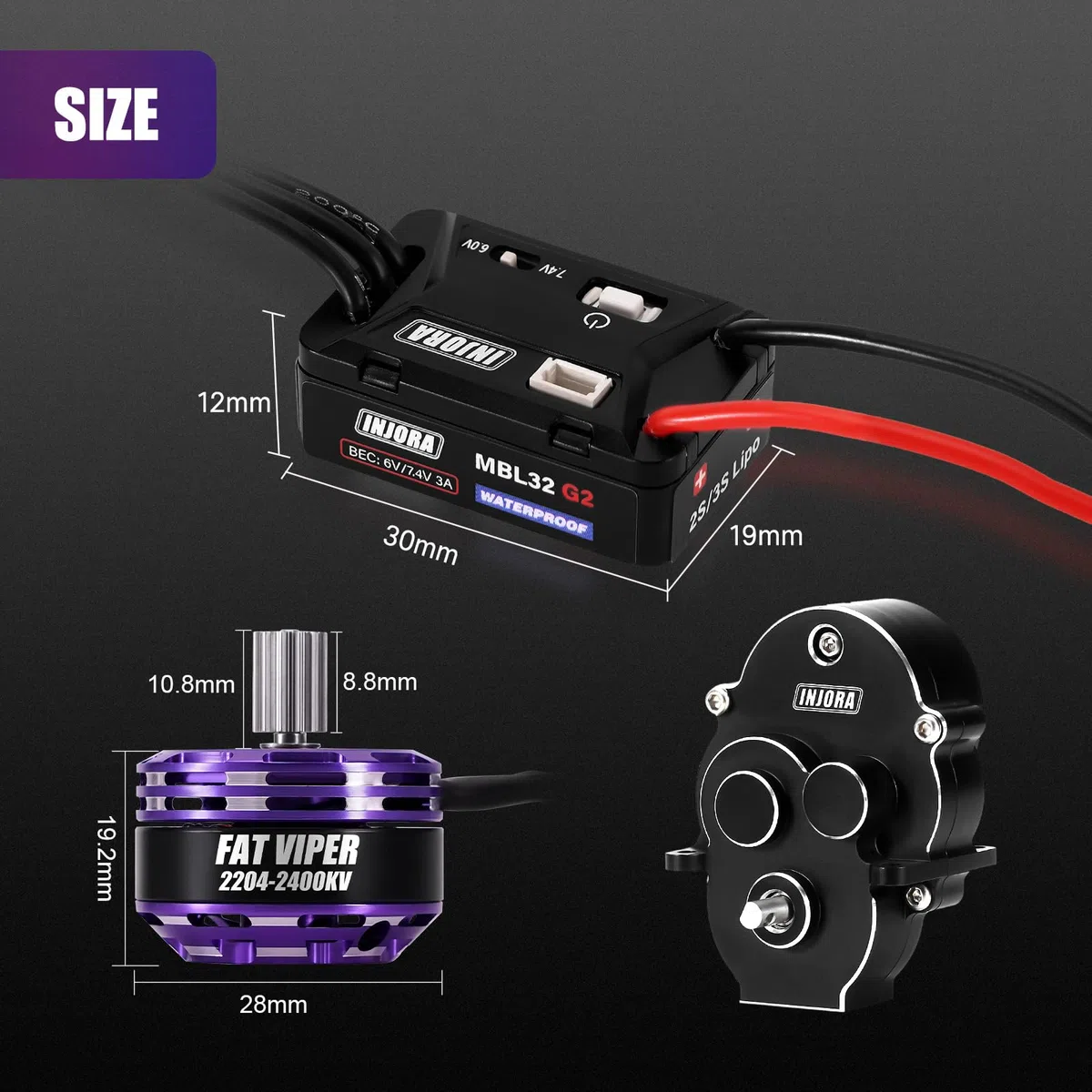 INJORA MBL32 G2 ESC Brushless Impermeabile & Motore Outrunner 2204 Fat Viper per 1/18 TRX4M