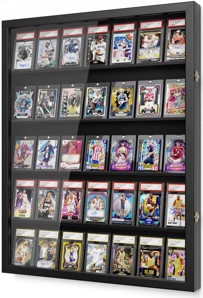 Porta Carte Collezionabili, 5 Ripiani Legno Espositore per Carte da Parete, Contenitore per Carte da Baseball Sportive Vlassificate Collezionabili, per Collezione di Sportive Carte (Nero)