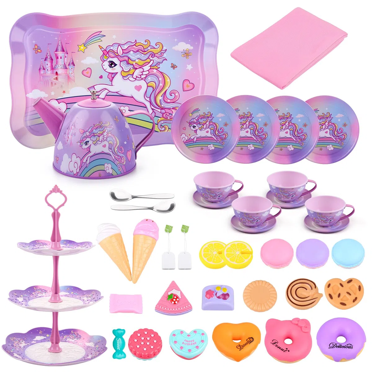 ARANEE Set da Tè Giocattoli Bambini Accessori Cucina Bambini Set da Tè in Latta Tea Party Finta di Giocare con Dessert Donut Giocattoli da Dessert Regalo per Bambina 3 4 5 6 7 8 Anno (Viola)