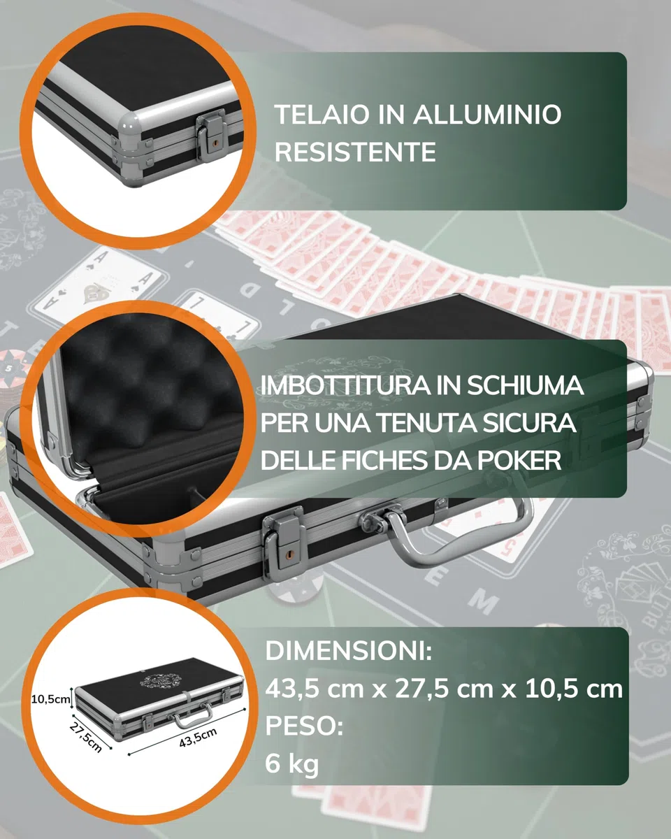 Bullets Playing Cards, Valigetta da poker Christopher, Set da poker con 300 chip in plastica, con pulsante di dealer in ceramica, confezione doppia di carte da poker