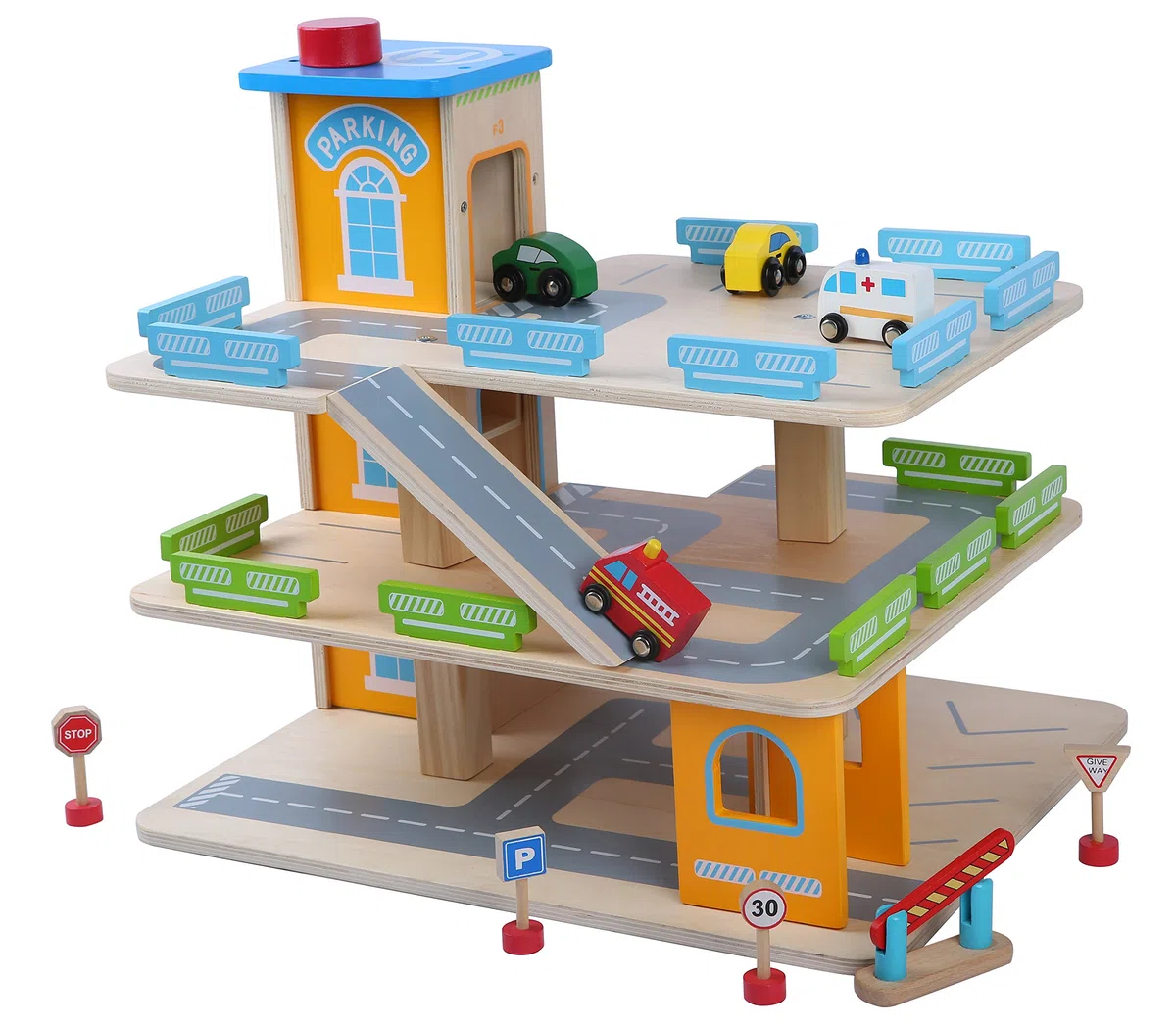 Leomark garage in legno per bambini 44cm x 36cm x 40cm (LxPxA), multipiano parcheggio con ascensore e autos, giocattolo per la casa e la scuola materna con 4 veicoli colorati