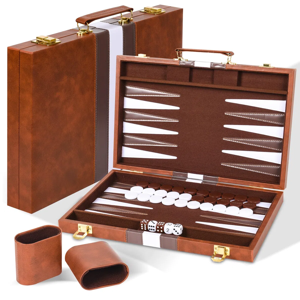 Backgammon Portatile 18 Pollici con Custodia in Ecopelle - Set da Viaggio Elegante, 30 Pedine + 4 Dadi - Gioco Classico Regalo per Adulti (Marrone) (18 pollici)