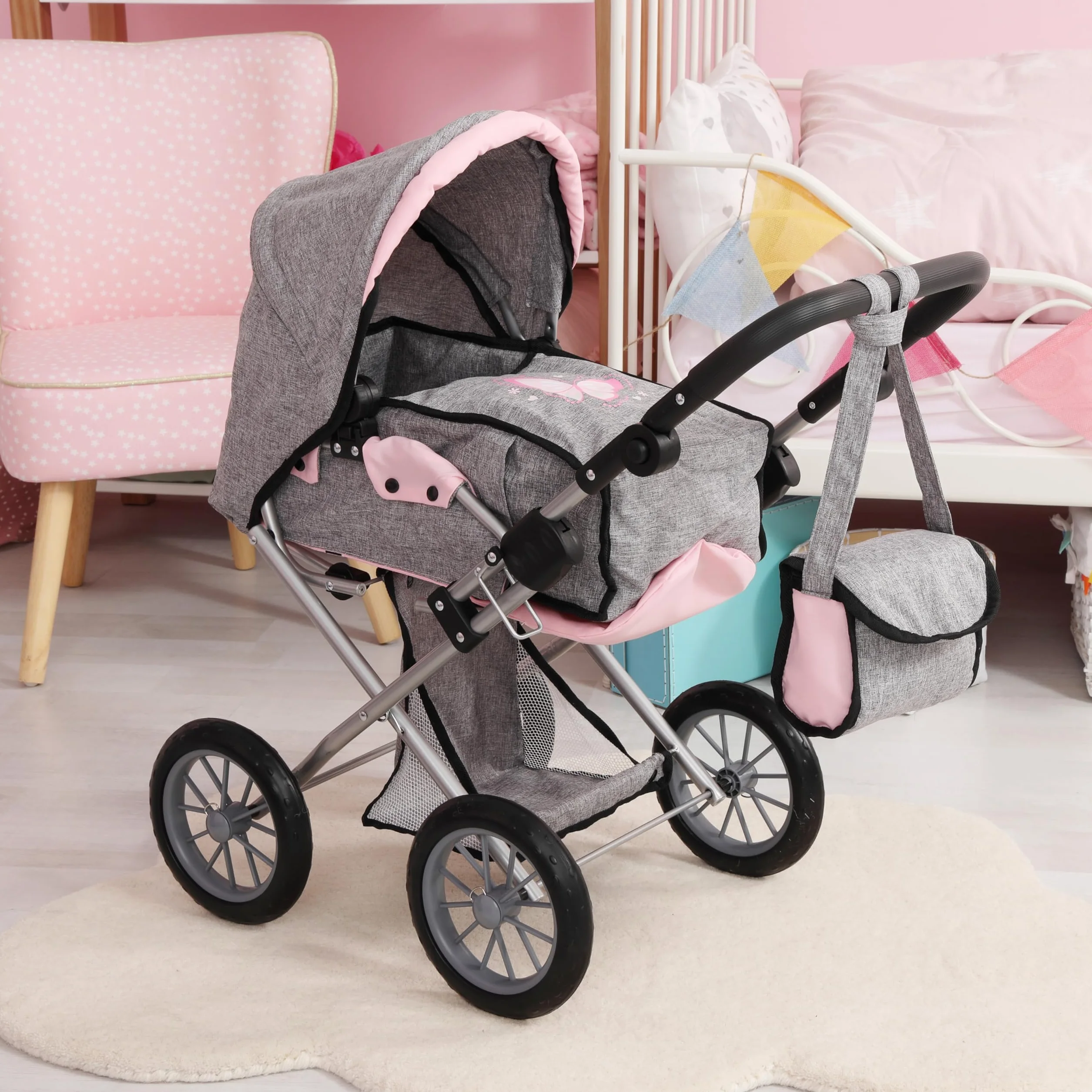 Bayer Design 13633AA Carrozzina per Bambole City Star, Passeggino per Bambole, pieghevole, regolabile in Altezza, convertibile con borsa