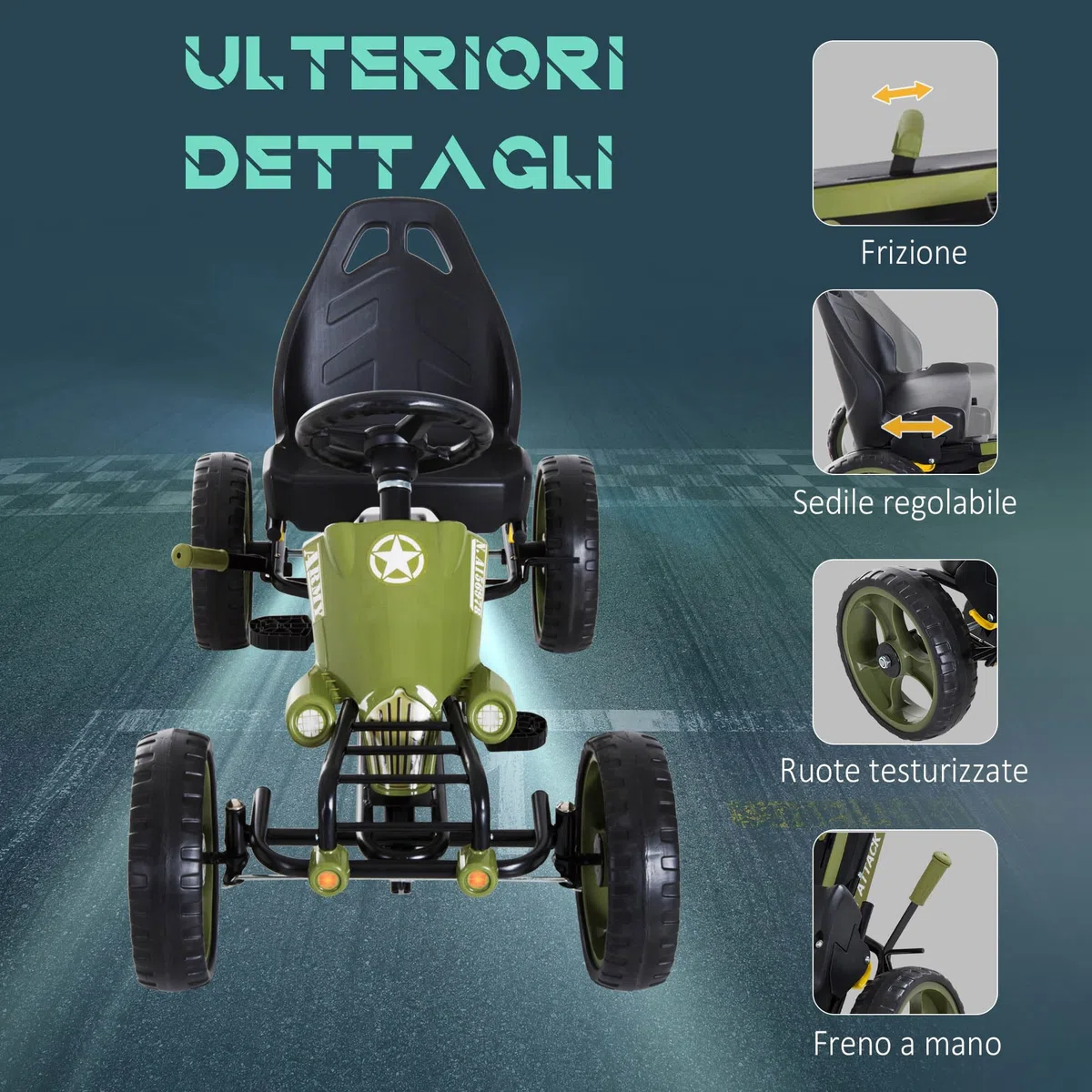 HOMCOM Go Kart a Pedali per Bambini con Freno a Mano e Sedile Regolabile, Kart per Bambini 3-6 Anni con Pedale Antiscivolo e 4 Ruote in EVA, Verde