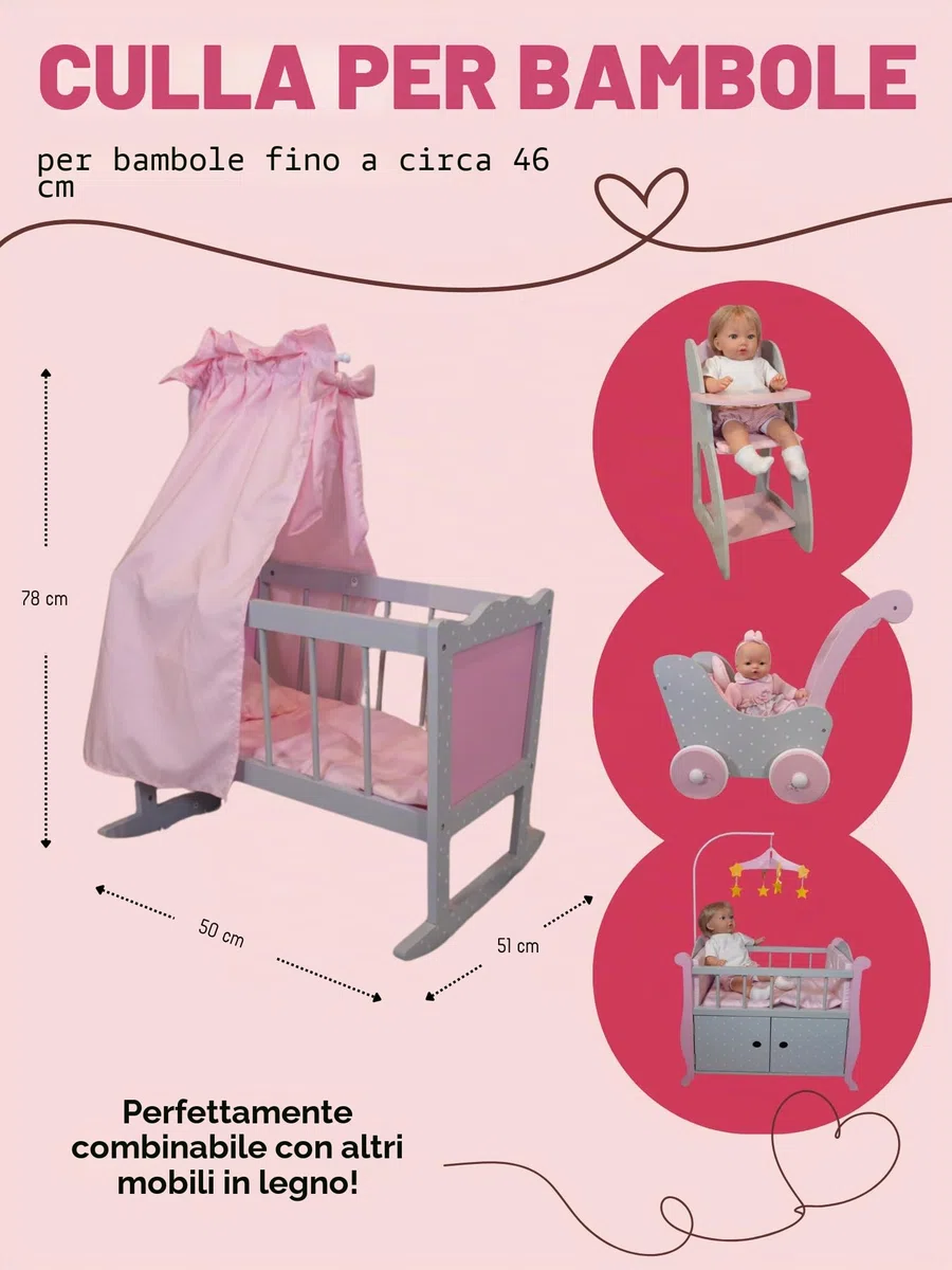 Bayer Chic 2000 - Culla per bambole, culla per bambole, letto delle bambole, mobili per bambole, accessori per bambole, Puntos grigio