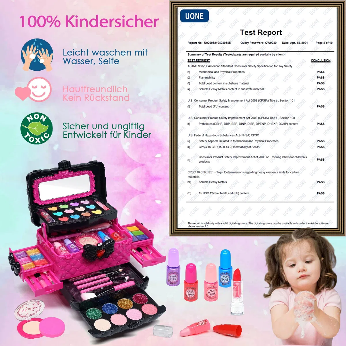 Valigetta Trucchi Bambina - Set Anallergico e Lavabile, Borsa Reale per Principessa, Regalo Compleanno 4-9 Anni (Rosa)