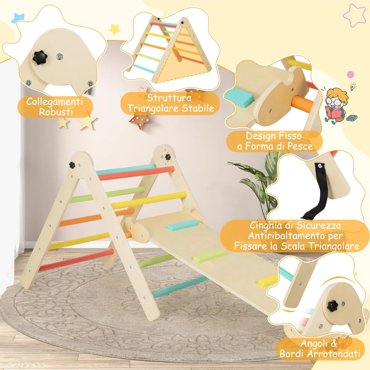 COSTWAY 3 in 1 Set da Arrampicata per Bambini, Giocattoli da Arrampicata Triangolari Pieghevoli, Altezza Regolabili, con Scivolo/Rampe da Arrampicata, Carico 60 kg (Colorato)
