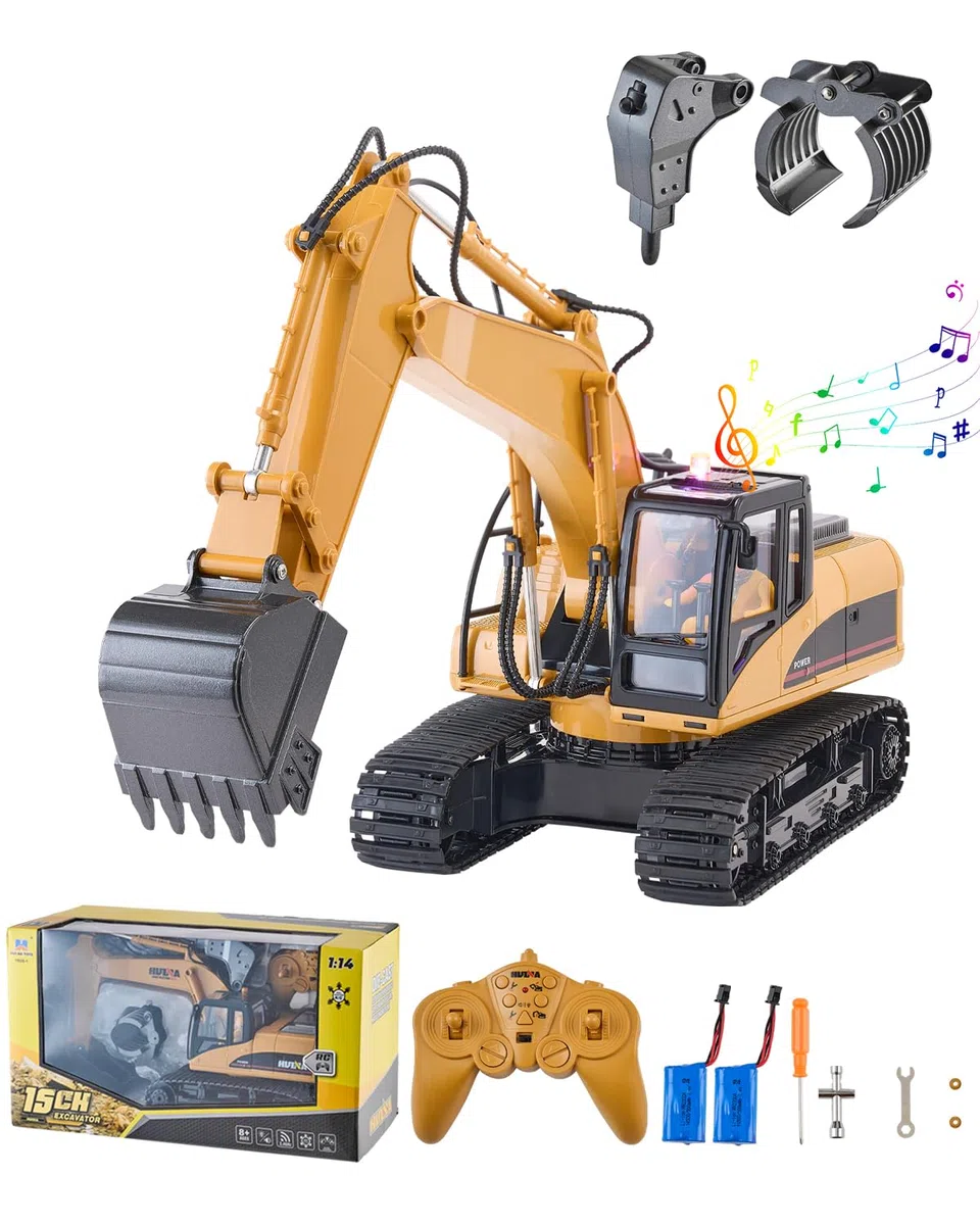 VEVOR Pelleteuse Télécommandée 15 Canaux Excavatrice RC Enfants 3 en 1 Échelle 1:14 Pelle Métallique, Lumière Son, Batteries Rechargeables, Jouet Véhicule Construction, pour Enfant Cadeau Anniversaire