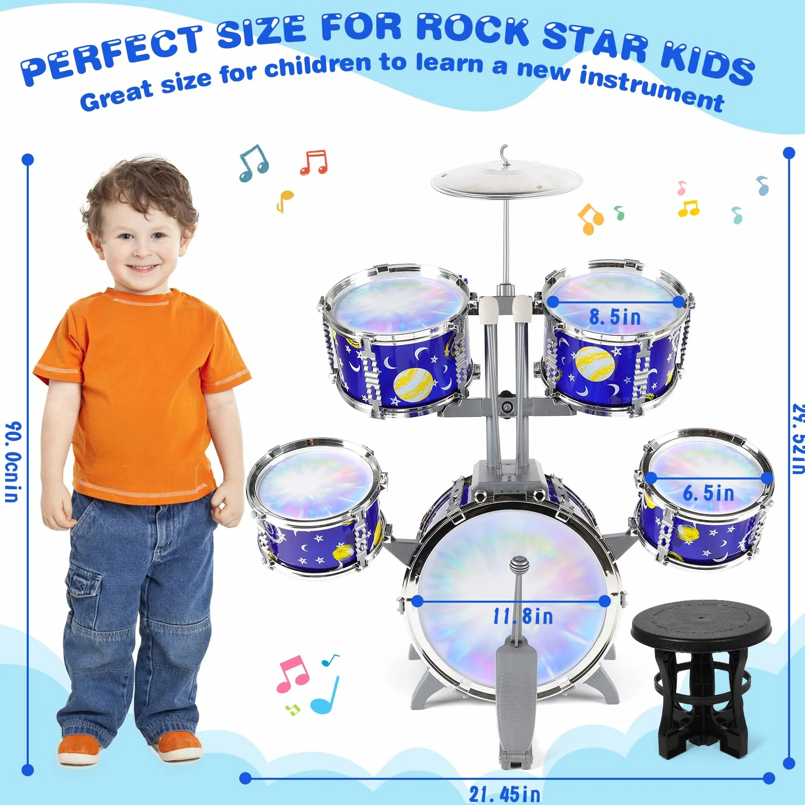 Batteria Giocattolo per Bambini Jazz Drum Kit, Giocattoli musicali luminosi per 3 4 5 Anni, Toddler Drum Set con sgabello 5 Tamburi Strumenti Musicali a Percussione per Ragazzi Ragazze