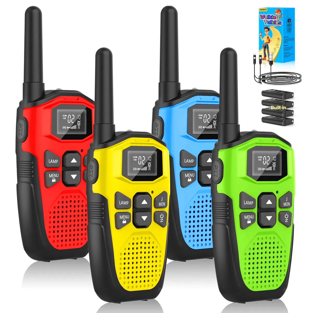 NXGKET - Set di 4 walkie-talkie ricaricabili per bambini, a lungo raggio con batteria agli ioni di litio integrata, cavo USB tipo C, 16 canali per giochi all'aperto, campeggio, escursionismo