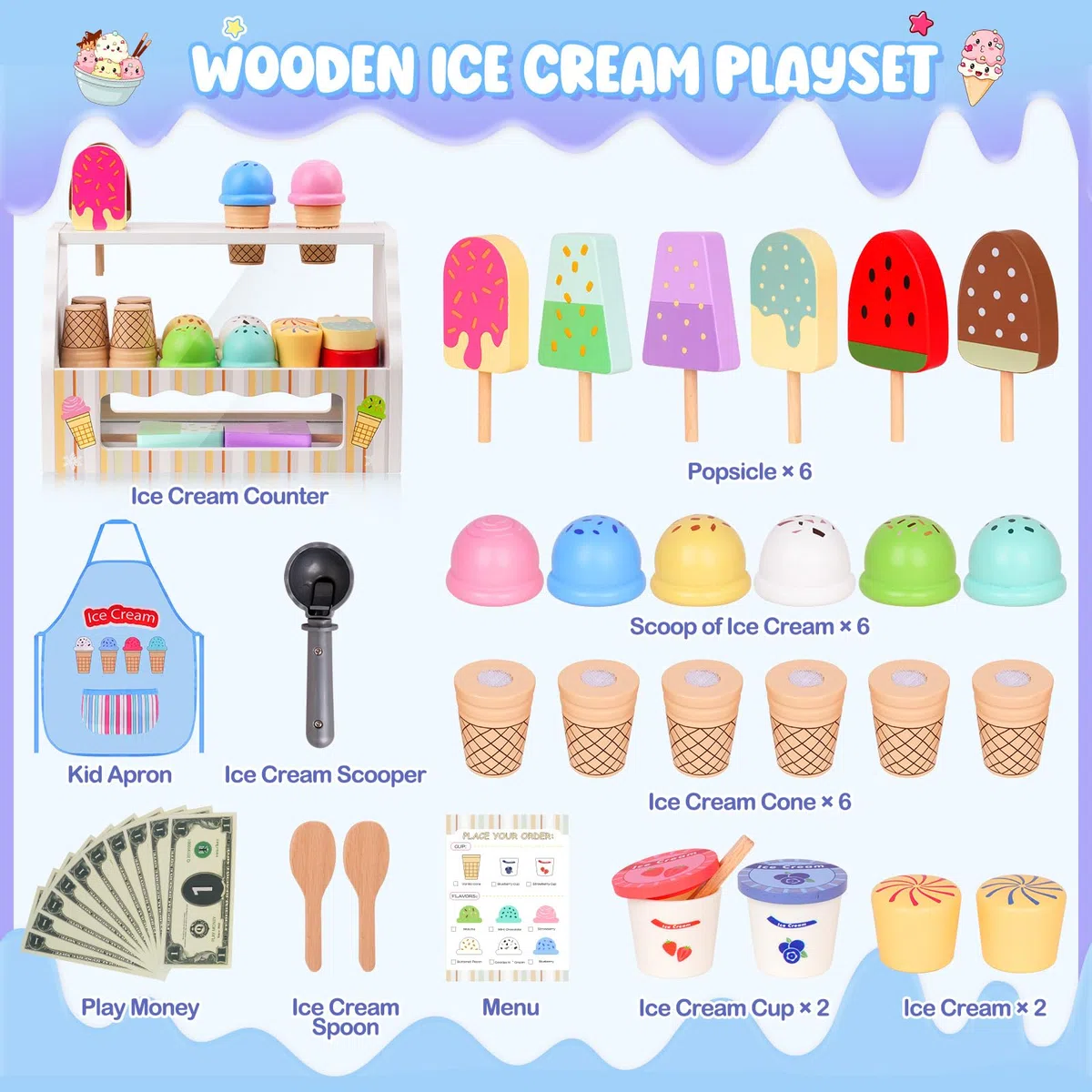 Gelateria Giocattoli in Legno per Bambini - Giochi Bambini 3 Anni, Accessori da Cucina da Gioco in Legno Montessori Gioco di Ruolo Regali di per Ragazze e Ragazzi 3 4 5 6 Anni
