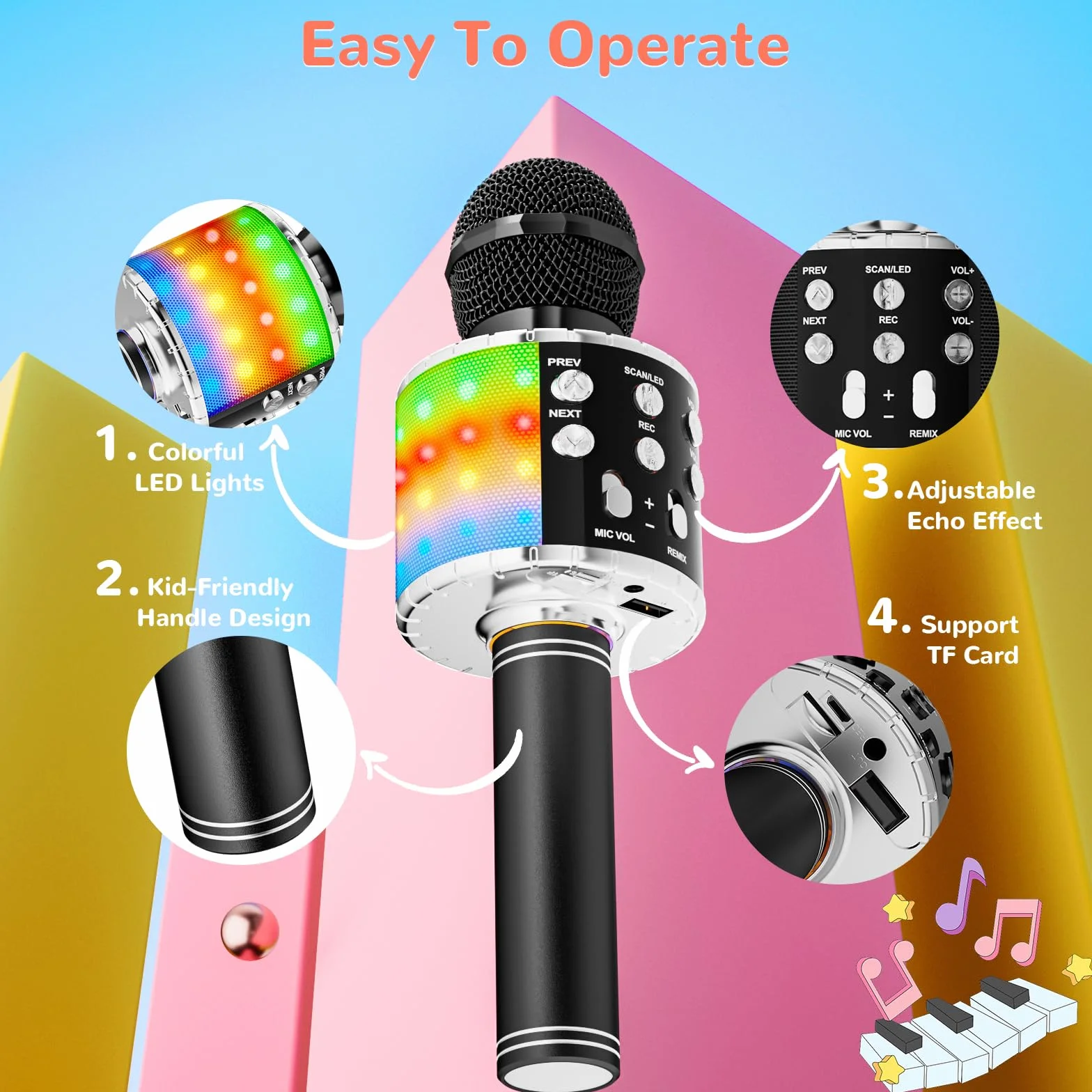 Ankuka Microfono Karaoke Bluetooth Wireless Microfono Bambini Regalo per Bambini 3-12 Anni Microfono Giocattolo Cambia Voce, Compatibile con Android, iOS, PC Nero