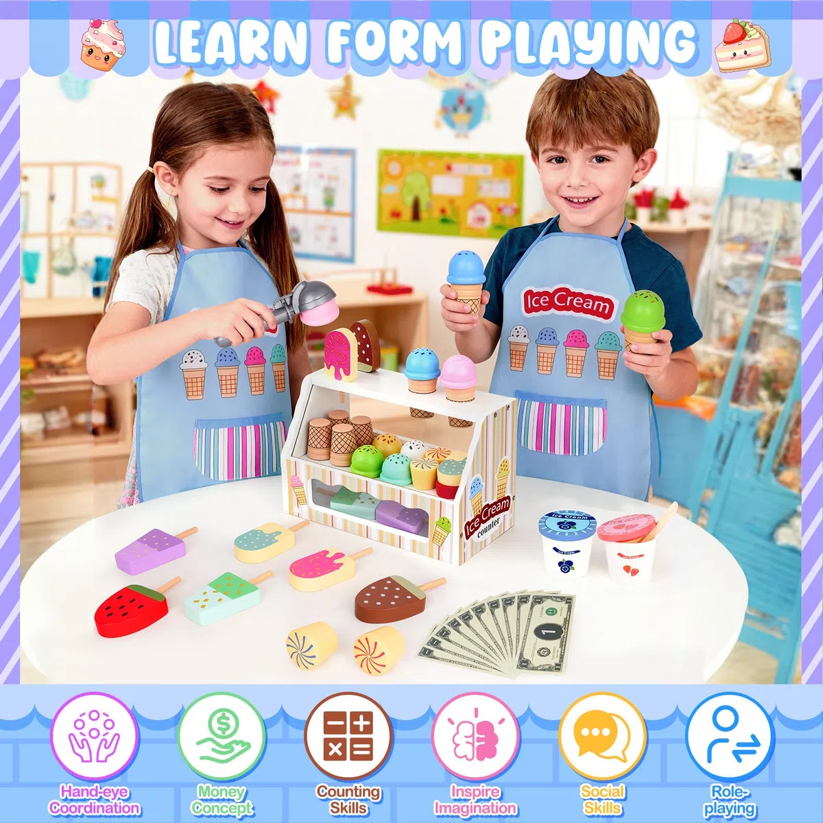 Gelateria Giocattoli in Legno per Bambini - Giochi Bambini 3 Anni, Accessori da Cucina da Gioco in Legno Montessori Gioco di Ruolo Regali di per Ragazze e Ragazzi 3 4 5 6 Anni