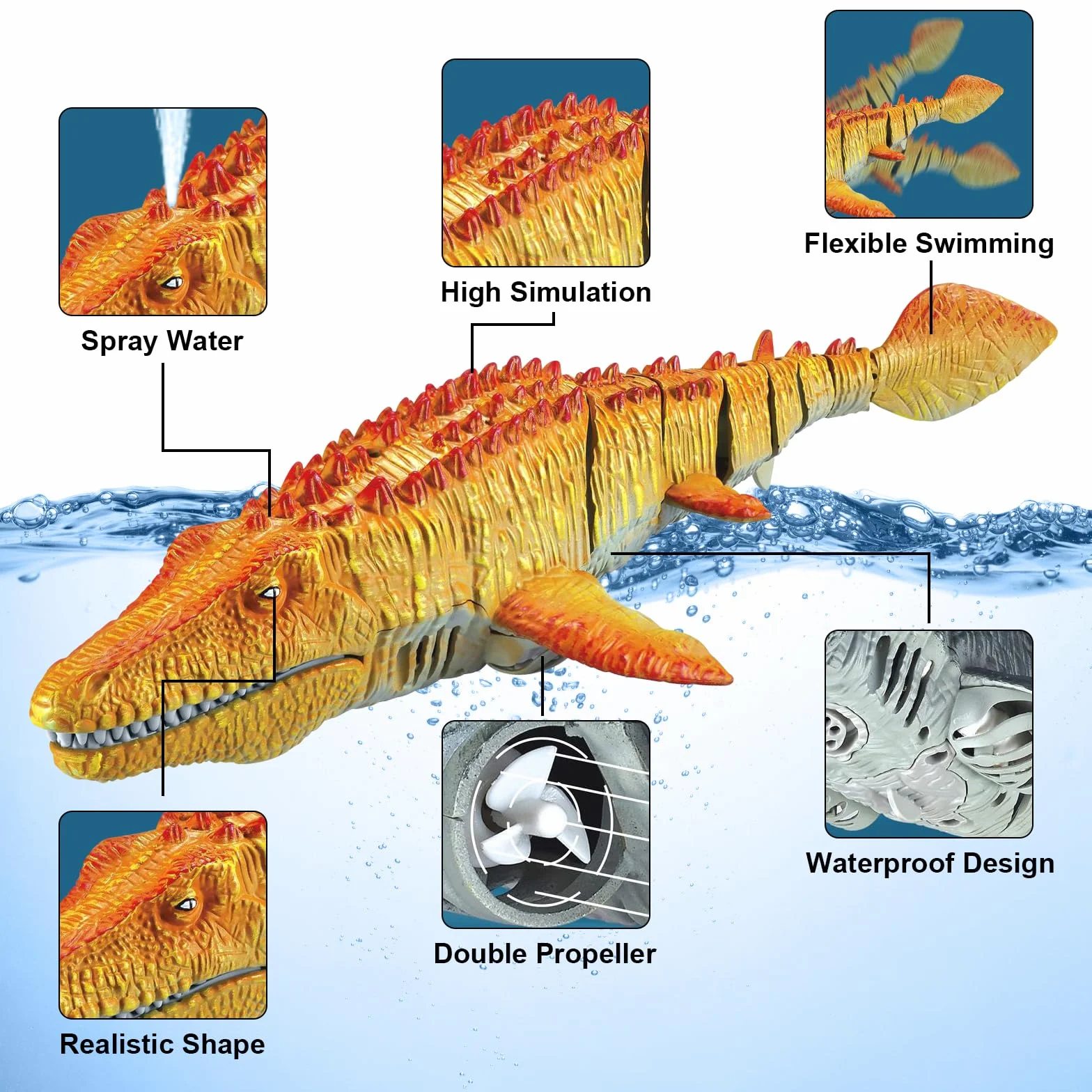 Giocattoli Mosasaurus Telecomandati per Bambini, Barca Elettrica per Dinosauri RC con Acqua Spruzzata e Luce per Il Bagno del Lago della Piscina, Giocattoli da Bagno (Giallo)