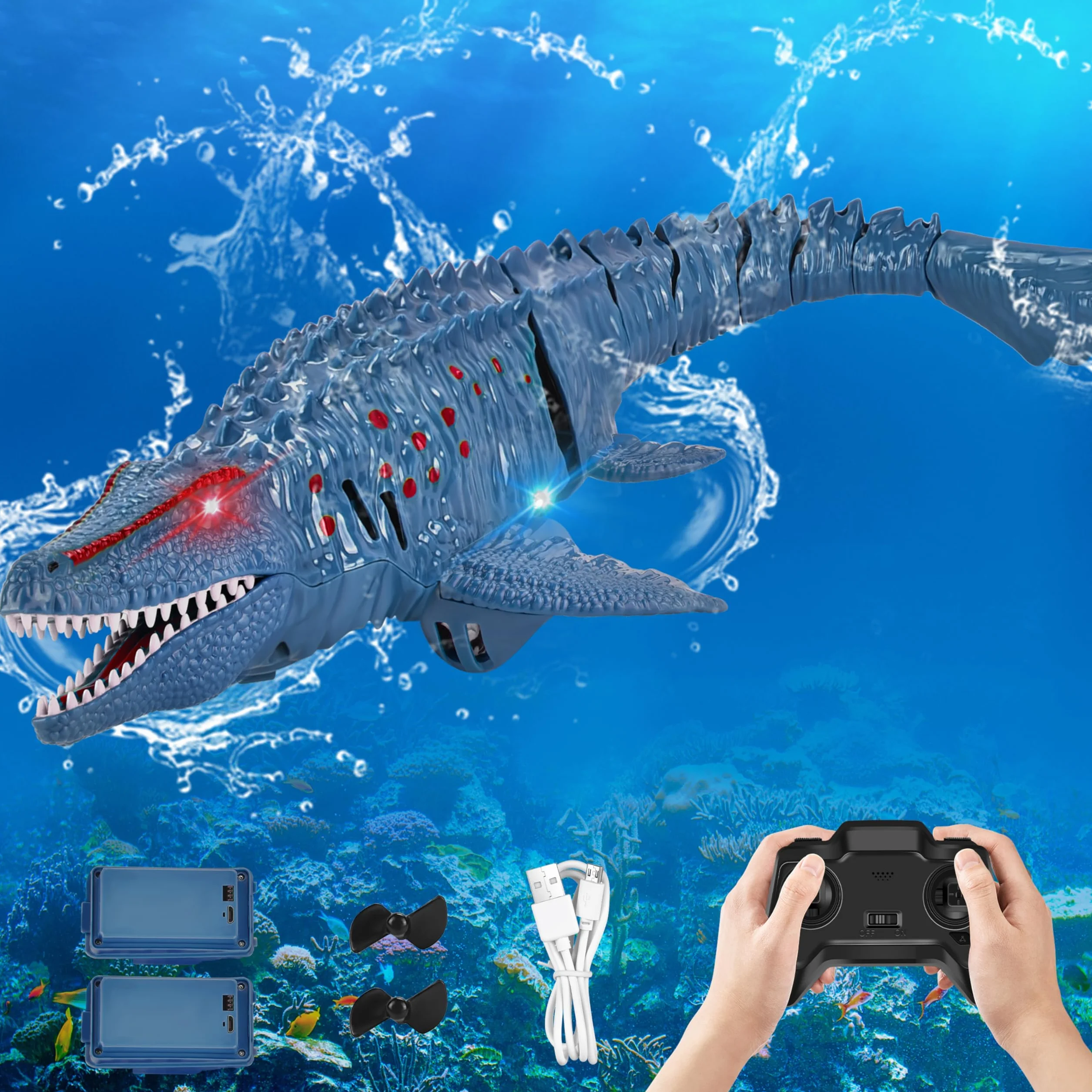 IEEILULU Barca Telecomandata RC Mosasaurus, 2.4GHz Giocattolo Acquatico Telecomandato con Luci, Dinosauro Barca Elettrica Shark con USB, Regalo per Bambino di 8+ Anni (Blu)