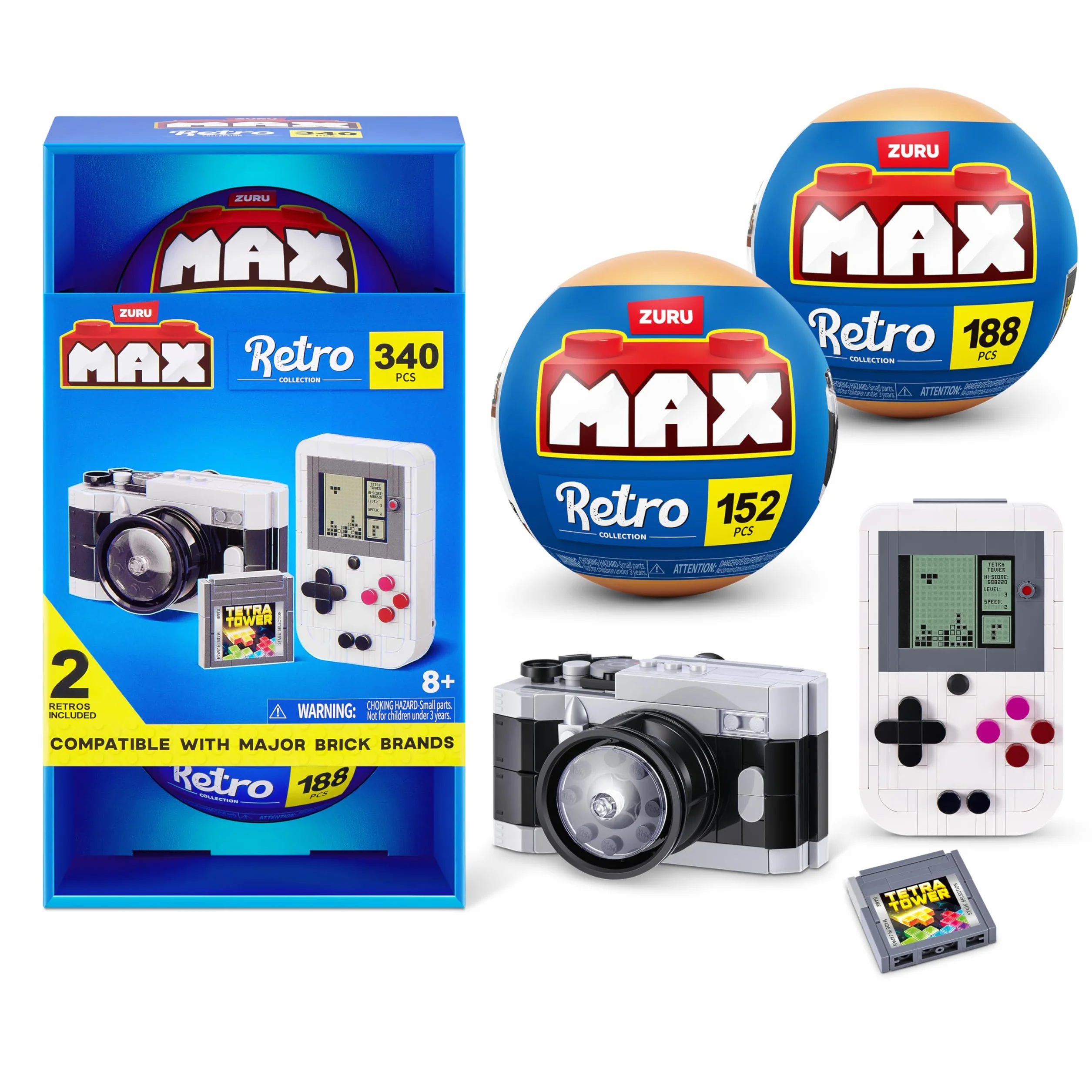 Max Build More Premium Retro Series 2 Confezione da 2 (Macchina fotografica e Console di gioco portatile) by ZURU: Giocattolo unboxing con mini mattoncini collezionabili, fino a 340 pezzi