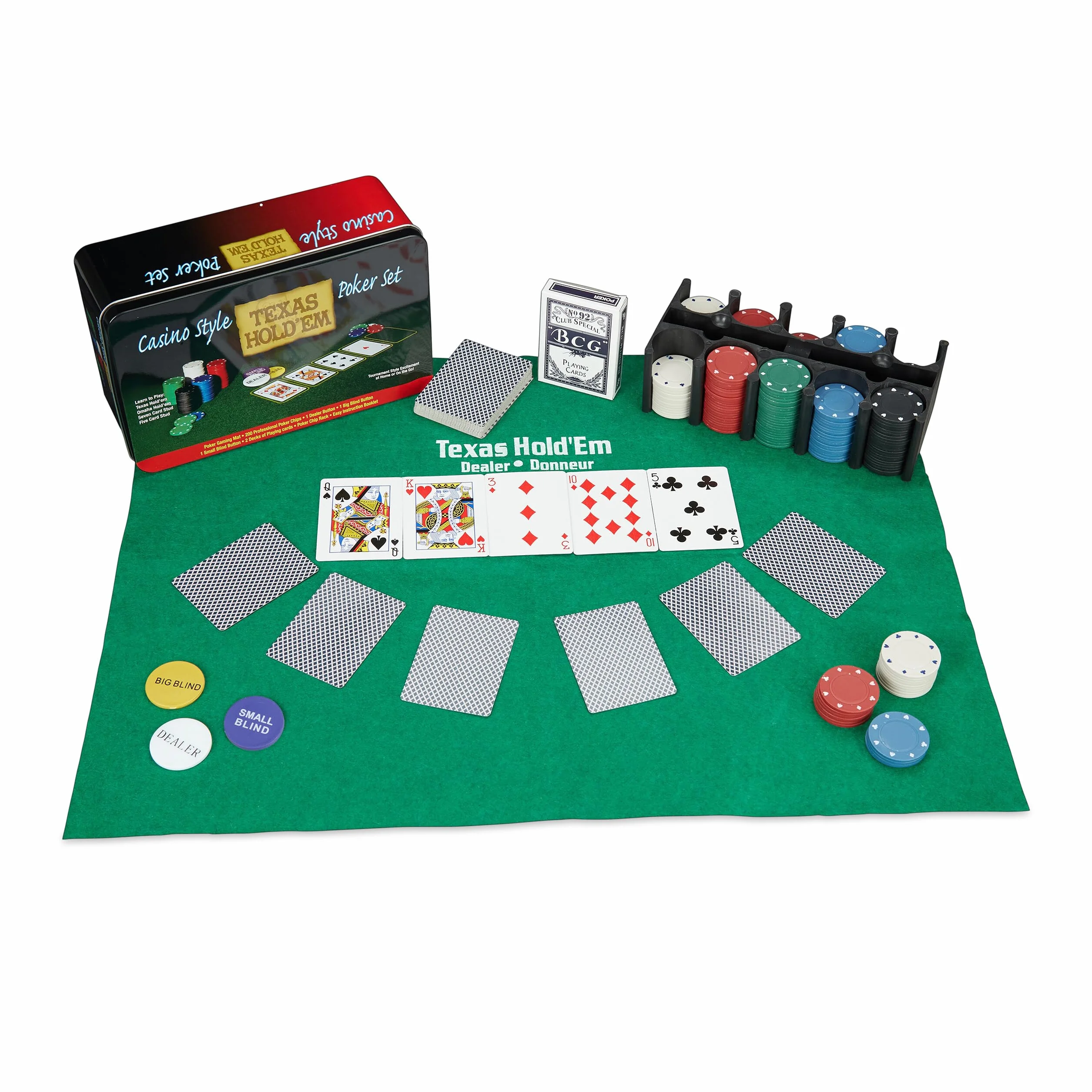 Relaxdays Set da Poker Completo, 200 Fiches, 54 Carte, Tappetino, Cofanetto Colorato