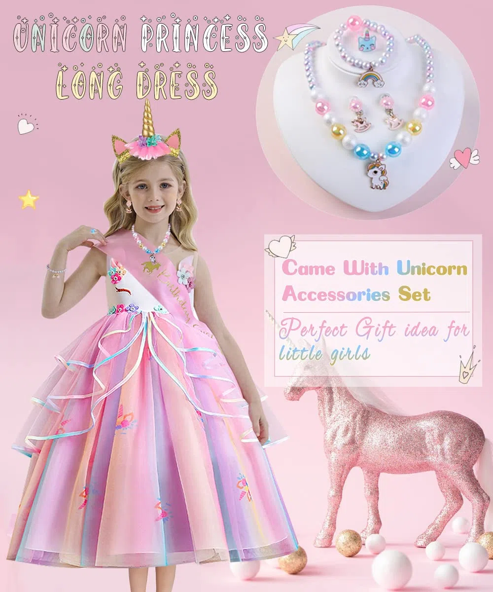 TOLOYE Vestito Principessa Bambina, Principessa Vestiti con Collana Set, Costume da Cosplay Unicorno Bambina Ragazza,Vestito Fantasia per Halloween Carnevale Cosplay Compleanno Natale Festa