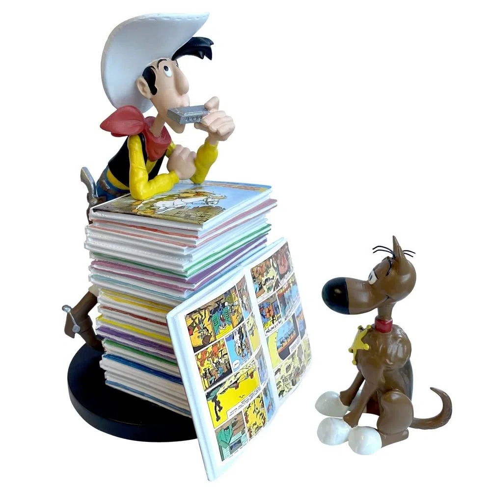 Plastoy Lucky Luke Figurina Lucky Luke e Rantanplan pila di Album - Resina - 10 cm
