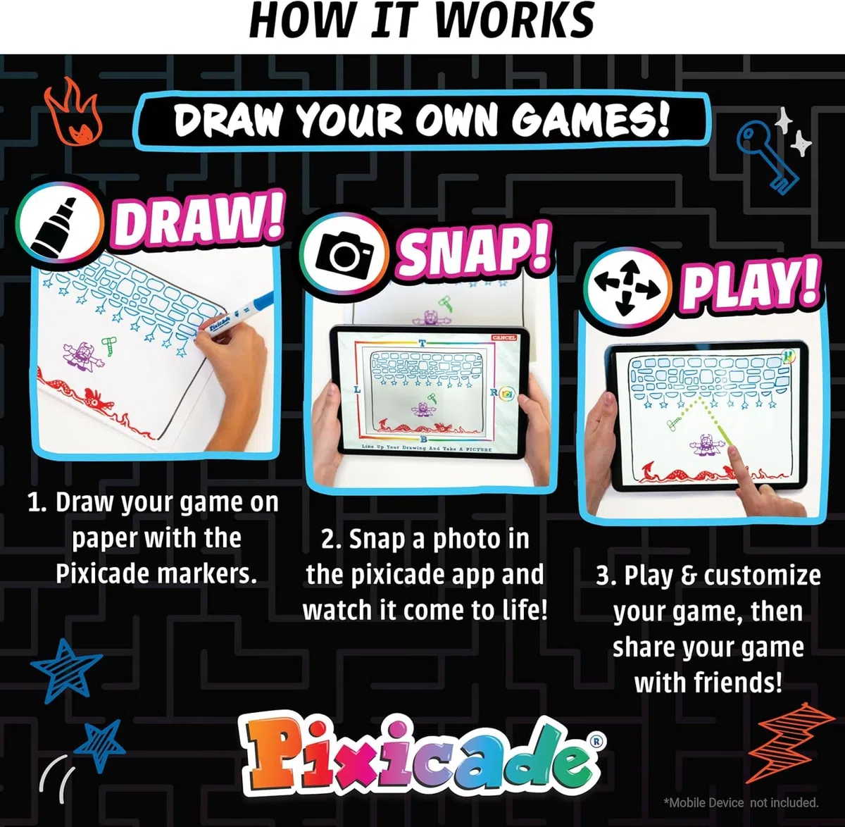 Abacus Brands Pixicade - Giocattoli creativi fai da te dai 6 anni in su. Crea i tuoi videogiochi con 5 pennarelli e 108 pagine, disegno, scansione e gioca