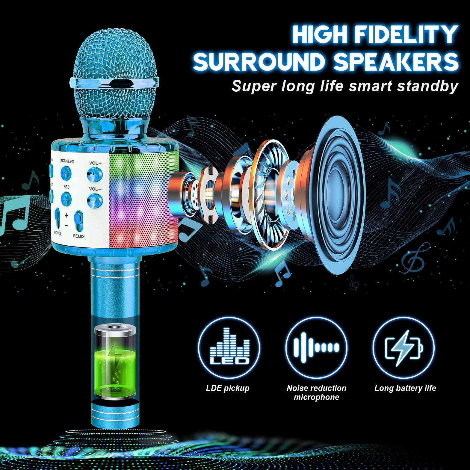 Microfono Karaoke Bluetooth Wireless 4 in 1 per Bambini, LED Portatile per Home KTV Compatibile Android iOS PC Blu