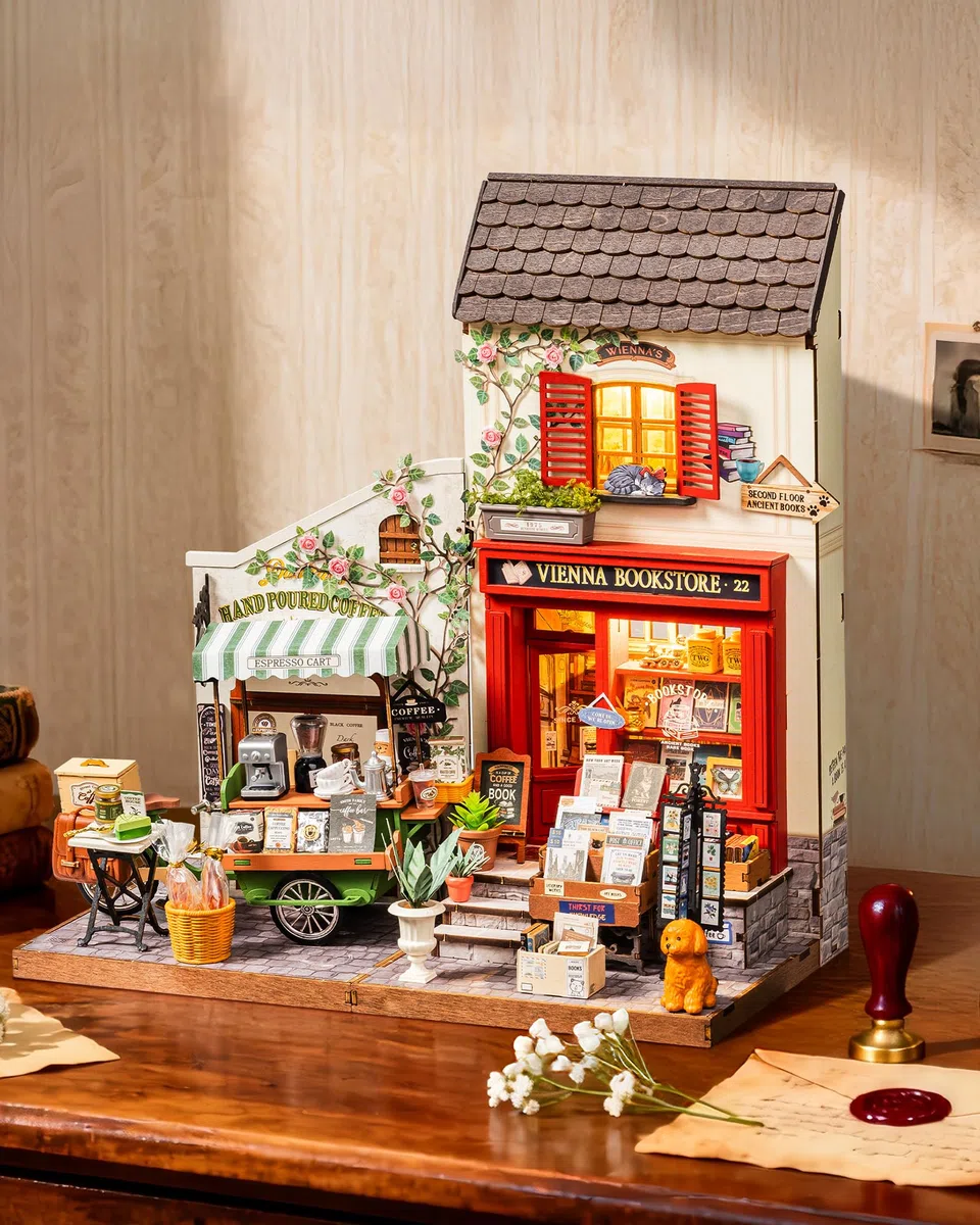 Rolife Miniature Casa Libreria Vienna, 290 pezzi Kit Casa in Miniatura DIY, Modellismo da Costruire Adulti Casa delle Bambole in Legno Puzzle 3D Nessun collante necessario