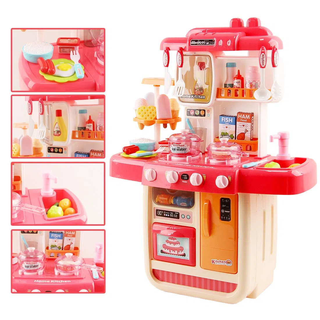 deAO Set da cucina "Mon Petit Chef" con 34 accessori, piastra di cottura a induzione, acqua, luce e suono (rosa)