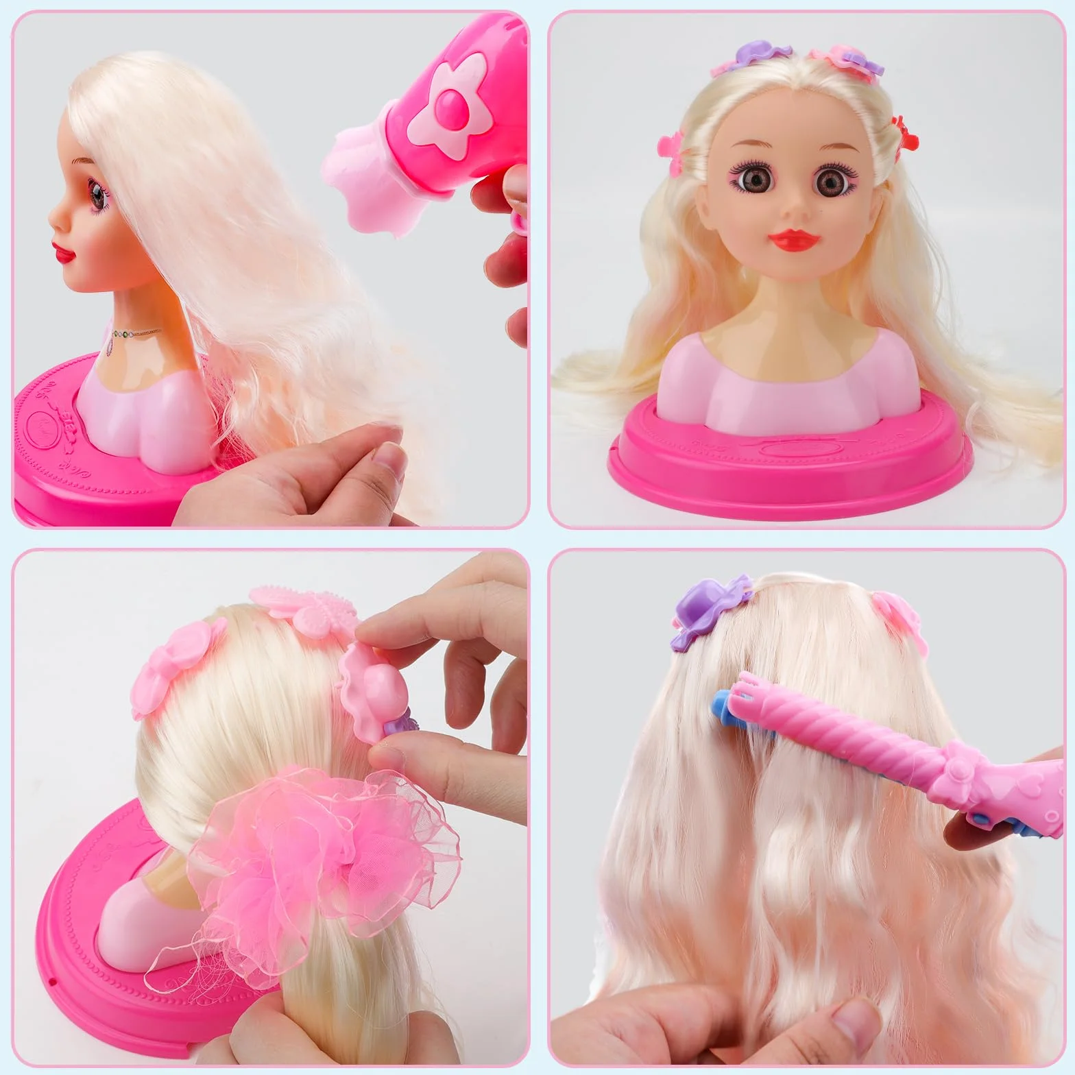 deAO Bambola testa parrucchiere per bambini, testa di bambola styling con asciugacapelli, testa di parrucchiere per bambole da principessa, accessori per capelli e trucchi, giocattolo per ragazze per