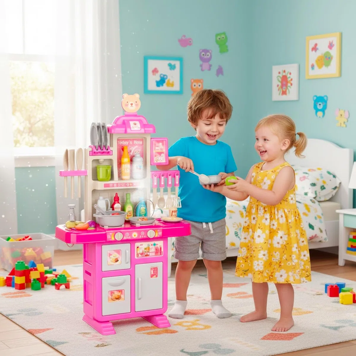 BRICOZONE Cucina Giocattolo Per Bambini Con Luci Suoni Ed Effetto Vapore Set Cucina Completo Con 69 Accessori Frigorifero Forno Rubinetto Con Riciclo Acqua 3 5 Anni (Rosa)