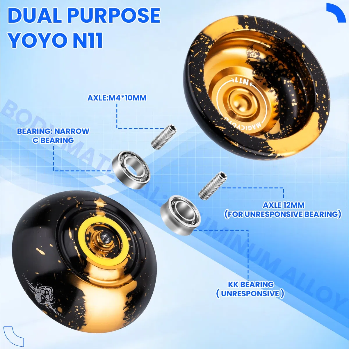 MAGICYOYO JoJo N11 Plus - Jojo professionale reattivo per bambini, in metallo a due scopi con modalità Yoyo non reagente + kit Yo-yo + 12 corde Yoyo + borsa Yo-yo