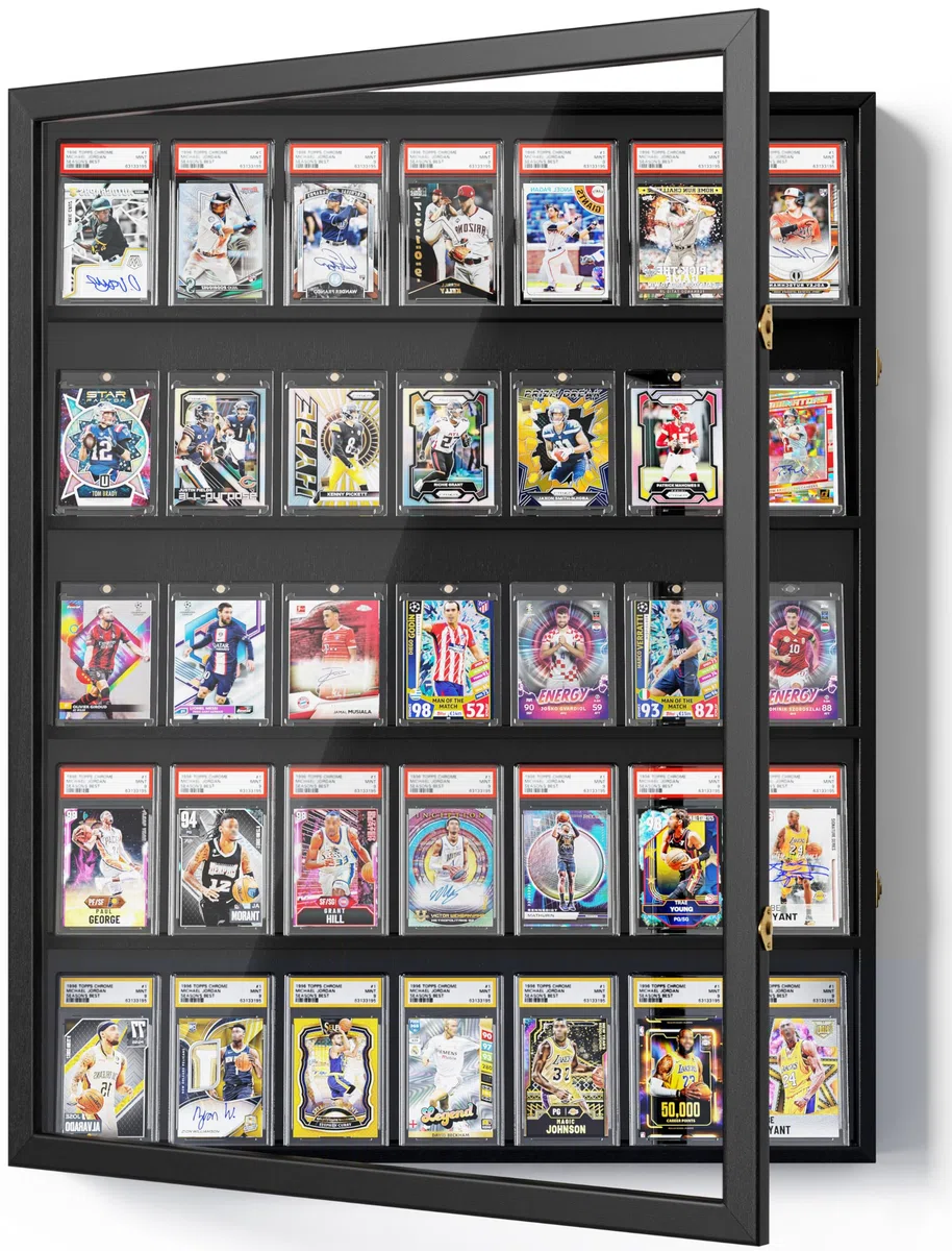 Porta Carte Collezionabili, 5 Ripiani Legno Espositore per Carte da Parete, Contenitore per Carte da Baseball Sportive Vlassificate Collezionabili, per Collezione di Sportive Carte (Nero)