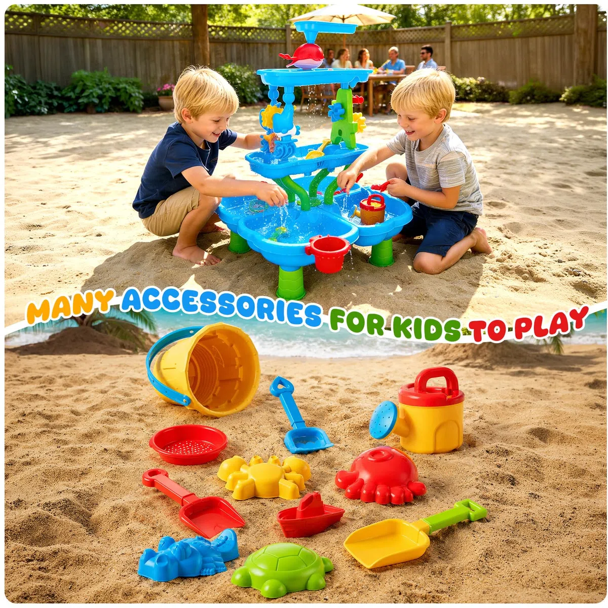 4 Livelli Tavolo Acqua e Sabbia per Bambini ,4 In 1 Tavolo D'acqua Bambini All'aperto con Accessori da Spiaggia(Stampo per Sabbia,Paletta,Annaffiatoio) per Spiaggia,Giardino e All'aperto,per 3+ Anni