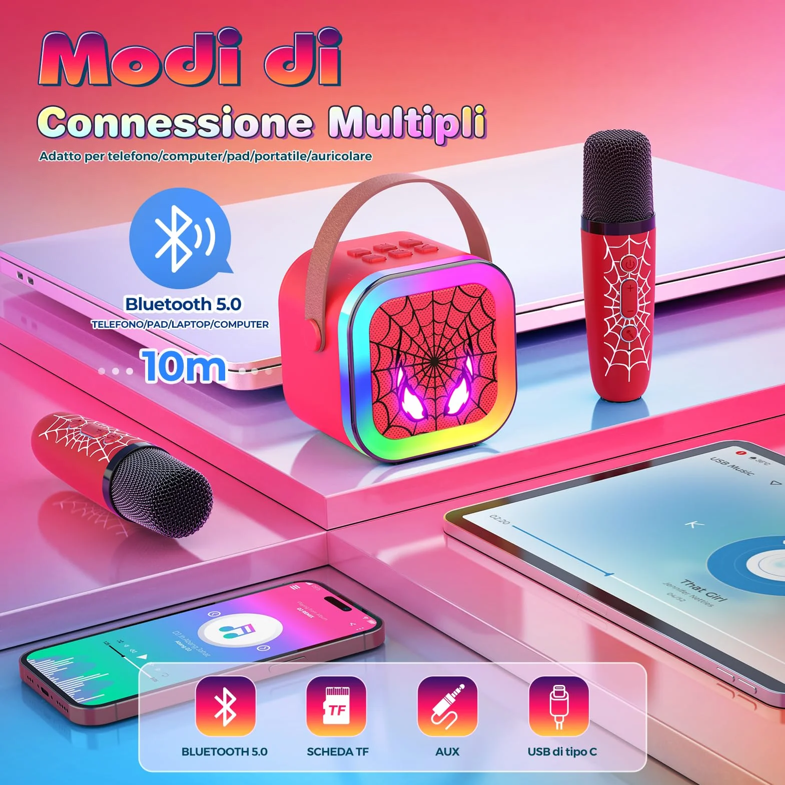 Braxel Set Microfono Karaoke per Bambini con 2 Microfoni Bluetooth Luci e Suoni Giocattolo Musicale 3+ Anni