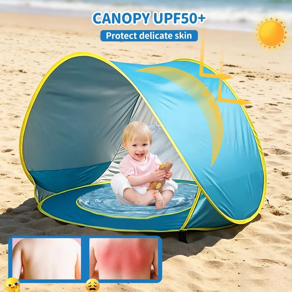 Tenda da Spiaggia Bambini, Tenda Spiaggia con Protezione UV 50, Parasole da Spiaggia con Mini-Piscina, Borsa per il Trasporto e Picchetti, Finestra con Cerniera