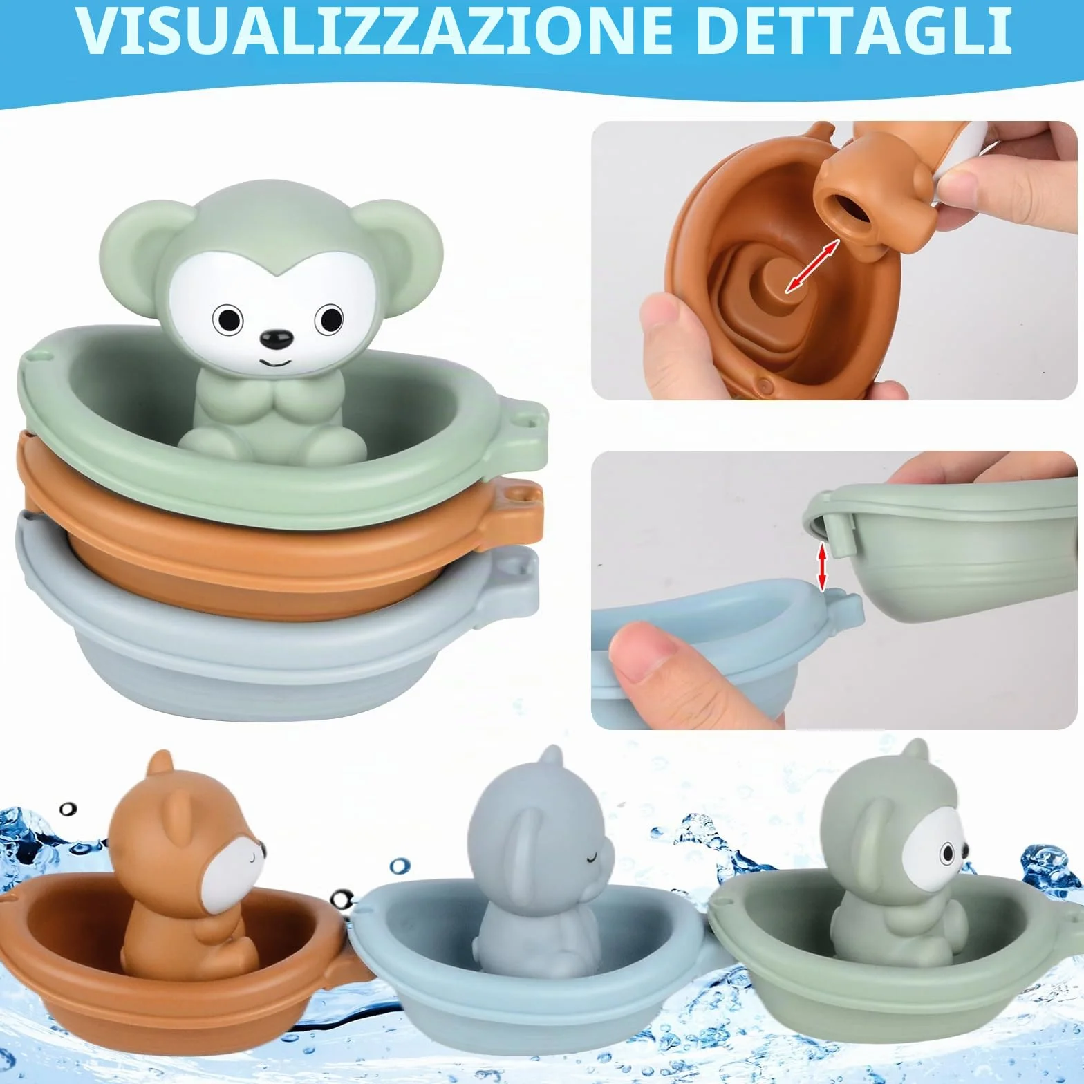 Giocattoli da Bagno Bambini, Giochi Bagnetto, Giocattoli Animali in Silicone con Barchette da Bagno Impilabili e Cucchiaio, Giochi Acqua Giocattolo Che Nuota Giochi Vasca da Bagno Bambini 1 2 3 4 Anni