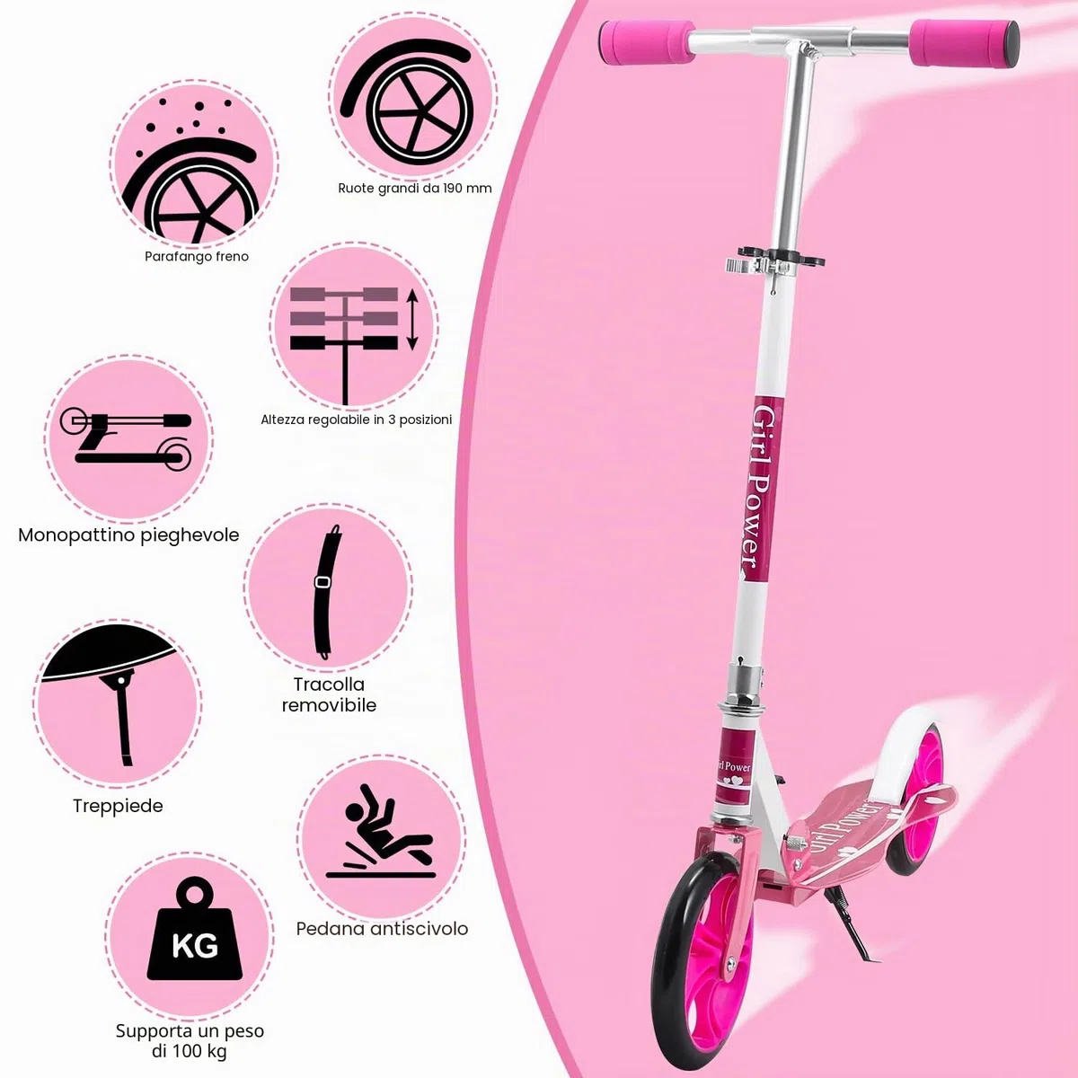 Monopattino per bambini, regolabile in altezza per 5 anni, monopattino per bambini con ruote da 190 cm, pieghevole con tracolla