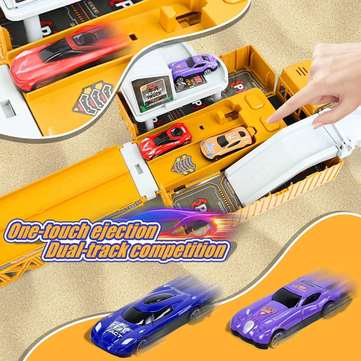 Joellfuner Camion da Cantiere Giocattolo per Bambini, Veicolo Giocattolo da Trasporto con Musica, Luci e Doppia Pista, Camion Carrier Auto Giocattolo Ragazzi con Costruzione Torre Gru per 3+ Anni
