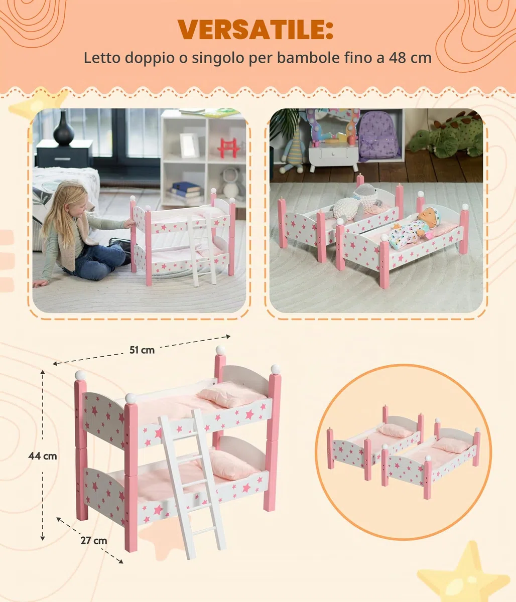Bayer Chic 2000 - Letto a Castello per Bambole Fino a 48 cm, per Bambole, mobili per Bambole, Stelle Rosa, Piccolo