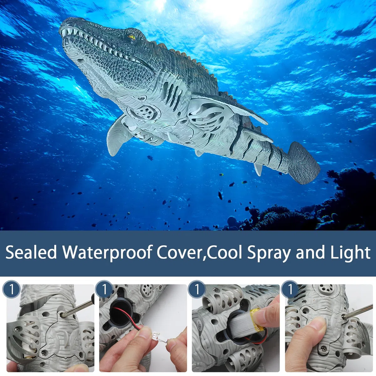 DAWRIS Mosasaurus, barca telecomandata, 2,4 GHz, impermeabile, a U per bambini dai 6, radiocomandata a distanza con luce LED e nebulizzazione, doppia elica giocattolo per piscina Pond