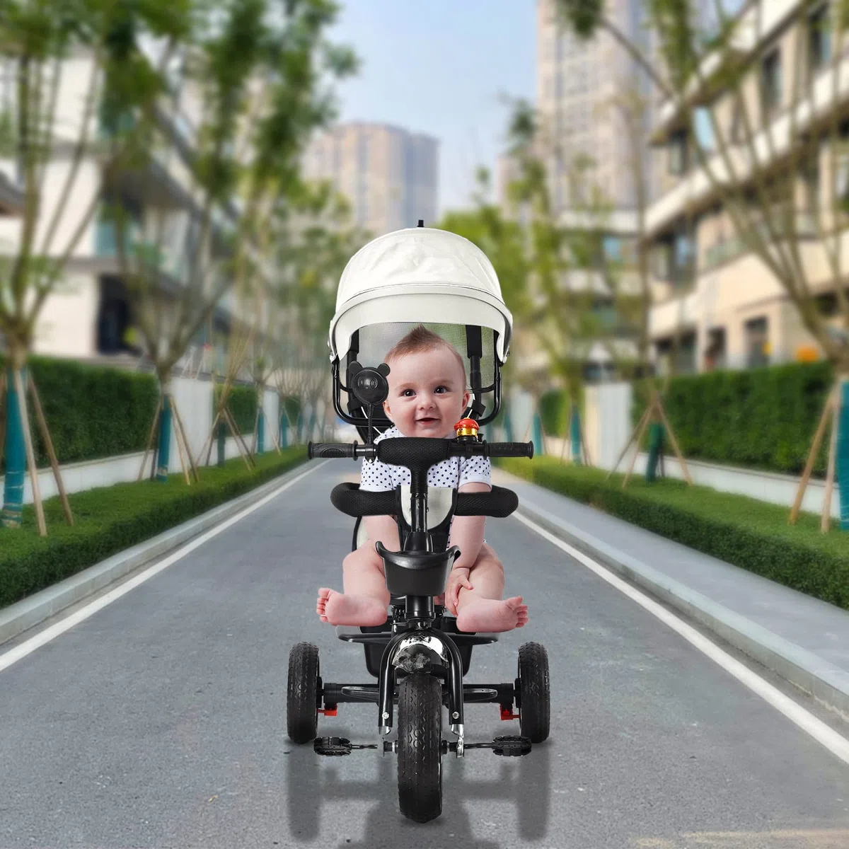 Triciclo Evolutivo per Bambini, Draisienne Evolutivo per Bambini con Barra di Spinta, Passeggino Bicicletta per Bambini, Bicicletta per Bambini con Parasole (Grigio)
