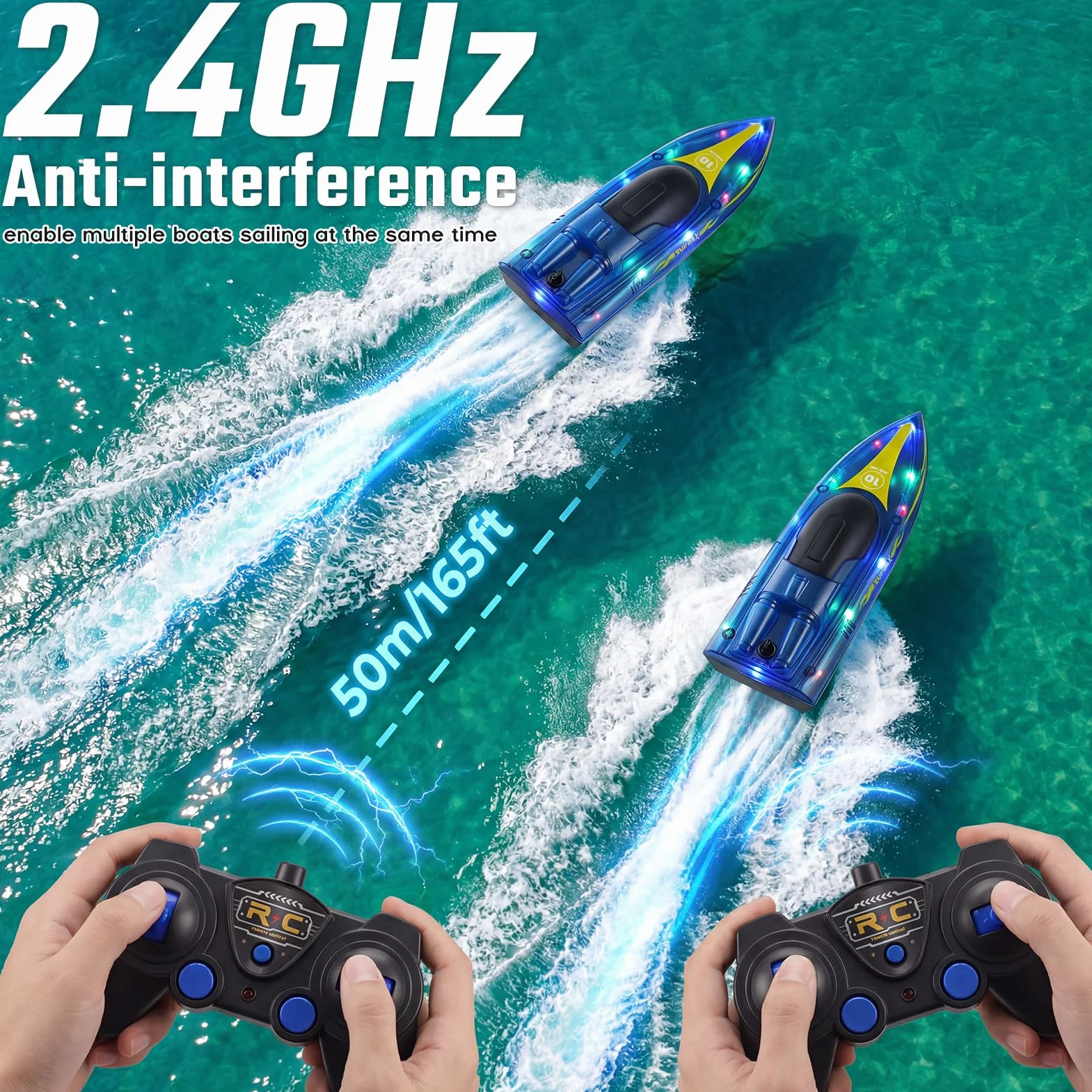 Barca Telecomandata, 2.4GHz Barca Radiocomandata, 15KM/H Motoscafo Telecomandato on Luce LED, 2 Batterie per 90 Min, Allarme Batteria, RC Boat per Piscine e Laghi, per adulti e bambini sopra i 14 anni