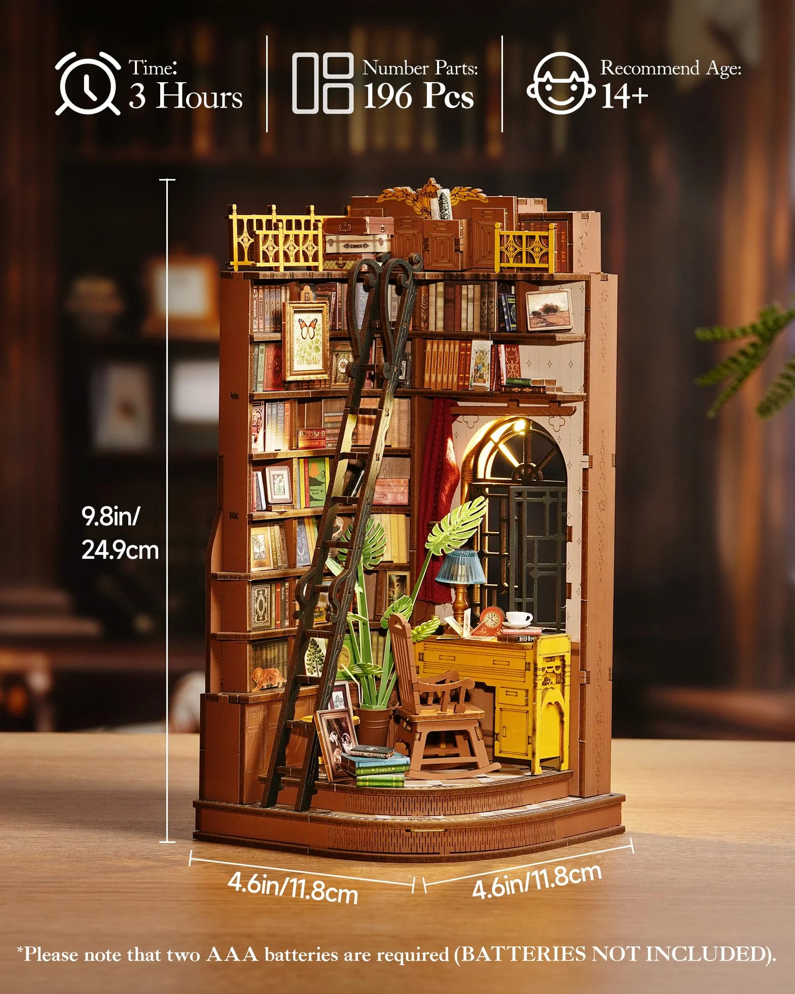 ROBOTIME Book Nook in Legno – Booknook Casa in Miniatura da Costruire con Luci, Puzzle 3D Creativo per Adulti e Ragazzi, Decorazione da Libreria (Silent Corner Study)