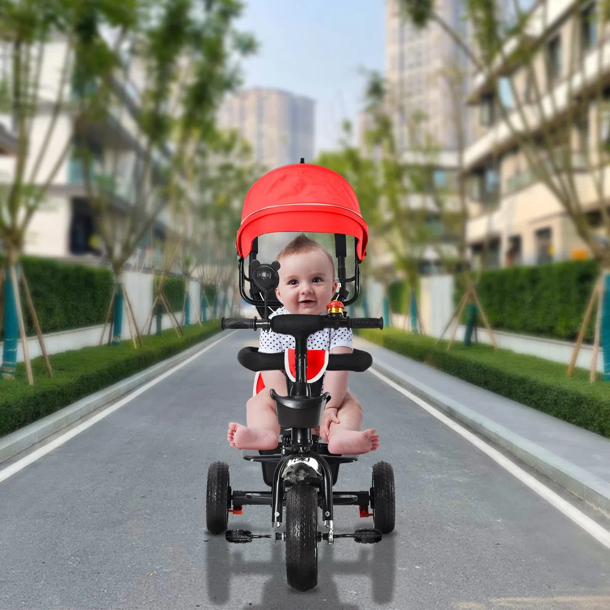 Triciclo per bambini evolutivo con sedile reversibile, triciclo a spinta per ragazze e ragazzi, tettoia+grande armatura+barra di spinta regolabile (grande rosso)