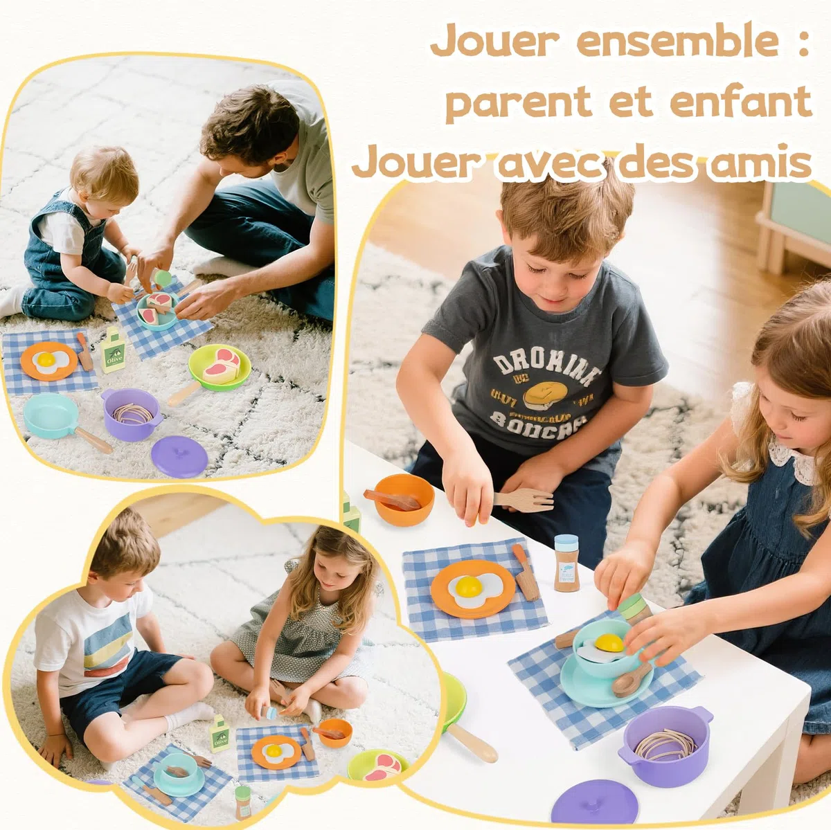 Set Cucina Bambini in Legno 21 Pezzi con Pentole e Accessori, Giocattolo Educativo Montessori e Gioco di Ruolo per Creatività, Età 3+ Anni